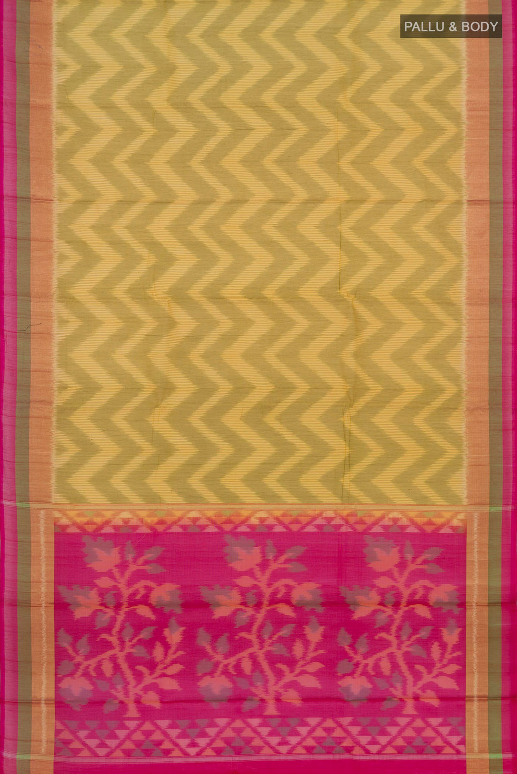 Flat view of Yellow Coimbatore Silk Cotton Saree with Ikat Print on the body and Zari Border. 