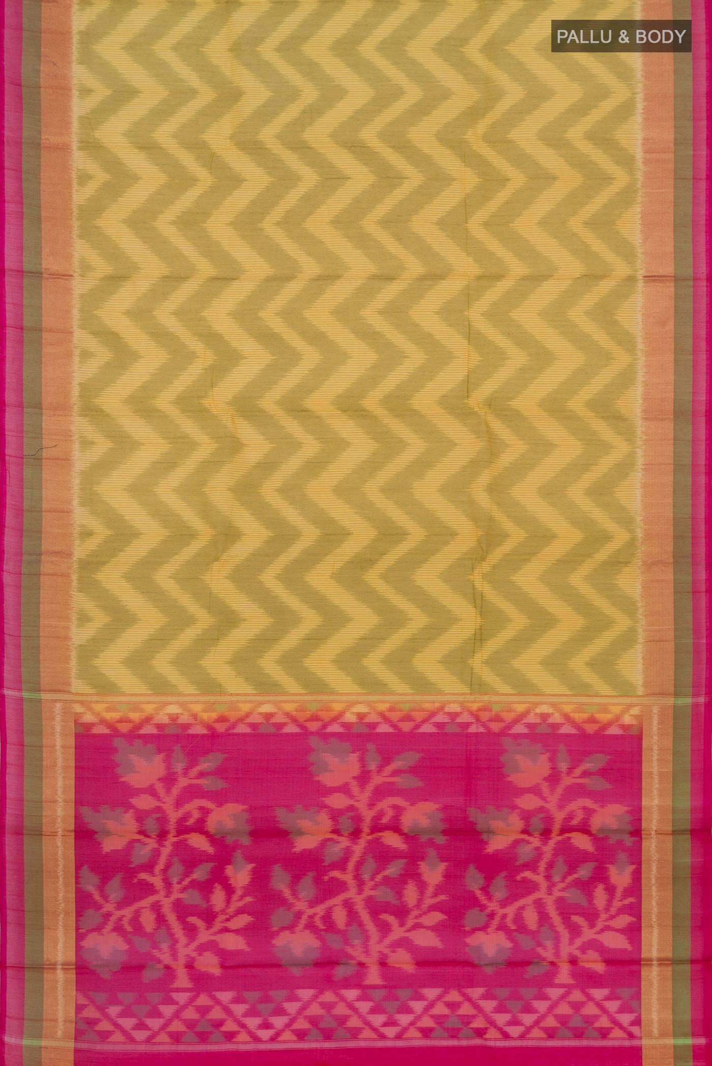 Flat view of Yellow Coimbatore Silk Cotton Saree with Ikat Print on the body and Zari Border. 
