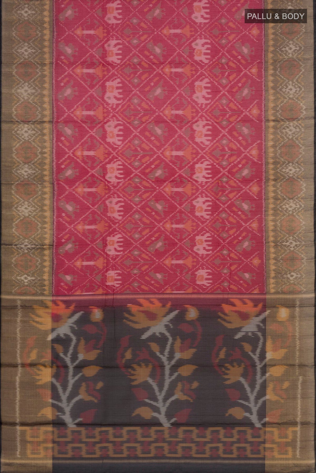 Flat view of Red Coimbatore Silk Cotton Saree with Ikat Print on the body and Ikat Border. 