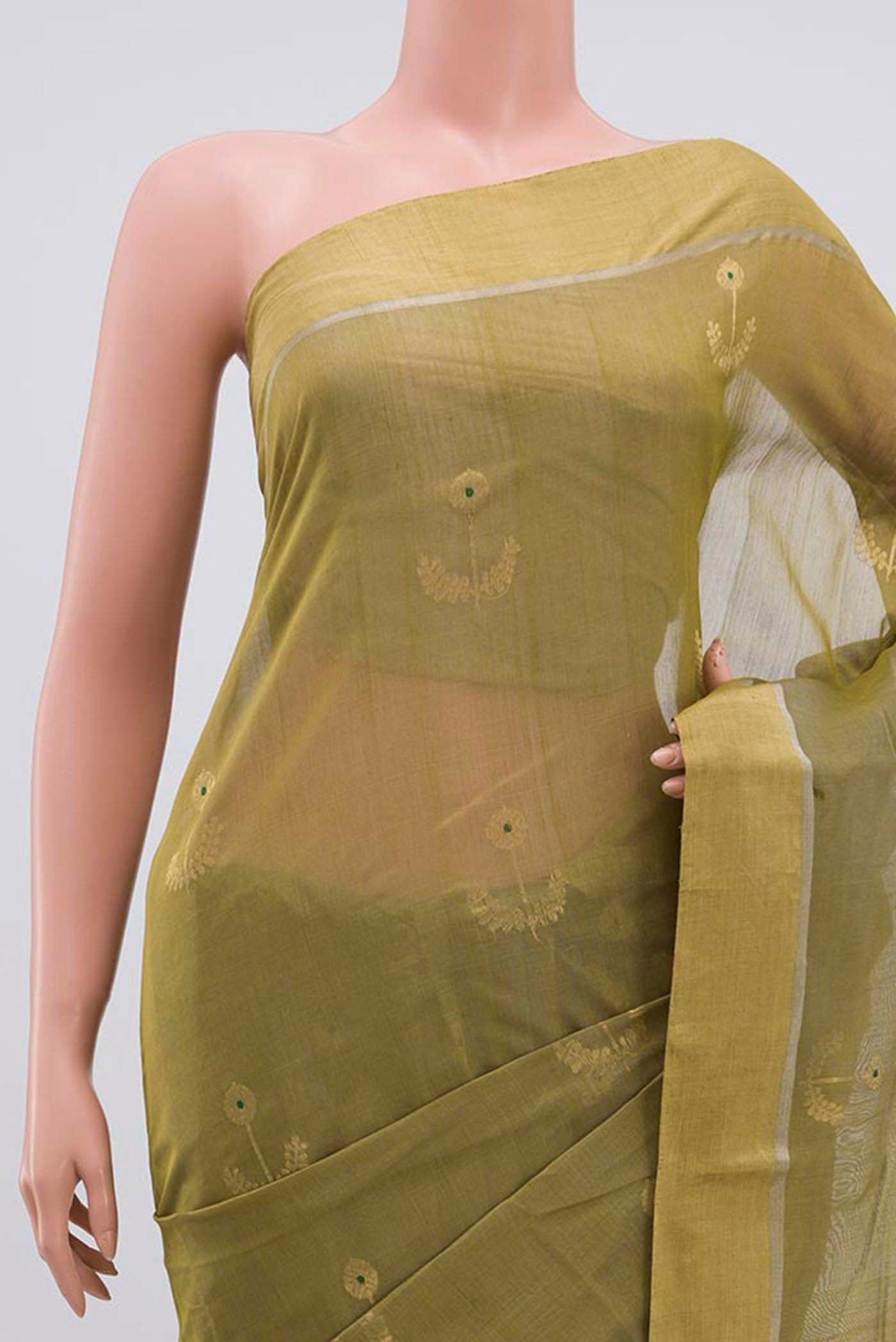 Border image of Mehandi Green Chanderi Silk Cotton Saree with Zari Butta on the body and Zari Border. 