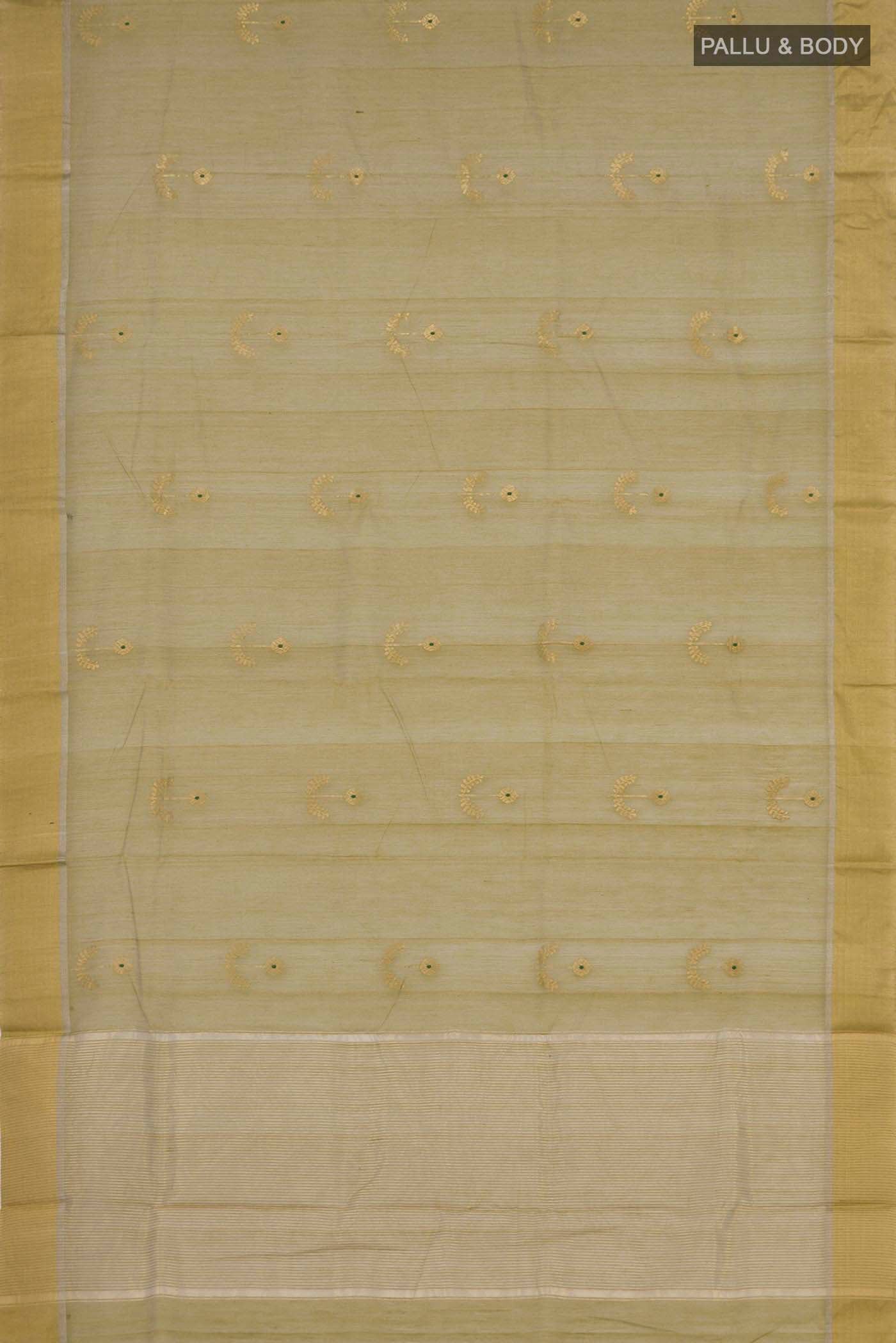 Flat view of Mehandi Green Chanderi Silk Cotton Saree with Zari Butta on the body and Zari Border. 