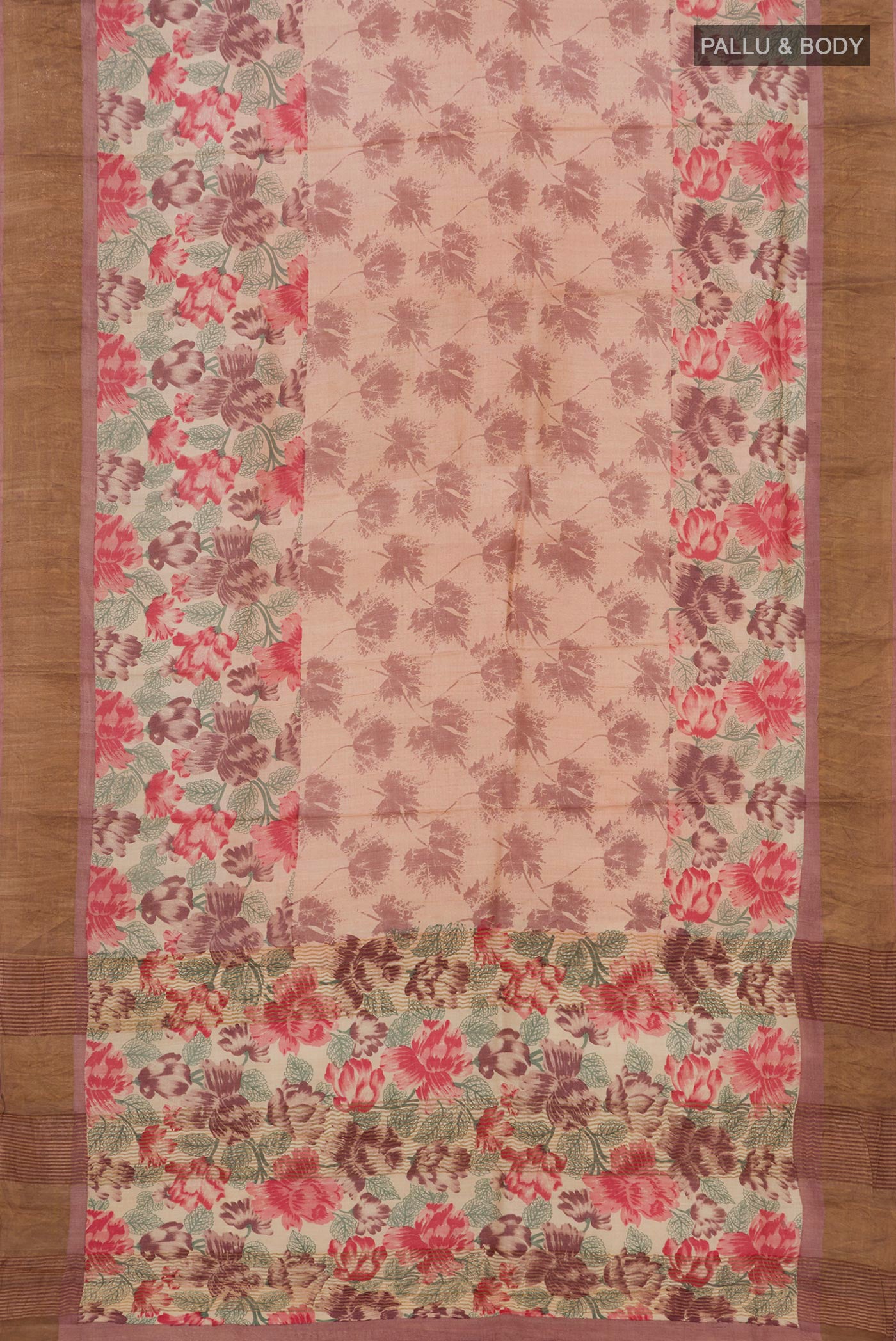 Flat view of Cream Tussar Silk Saree with Printed design on the body and Zari Border. 