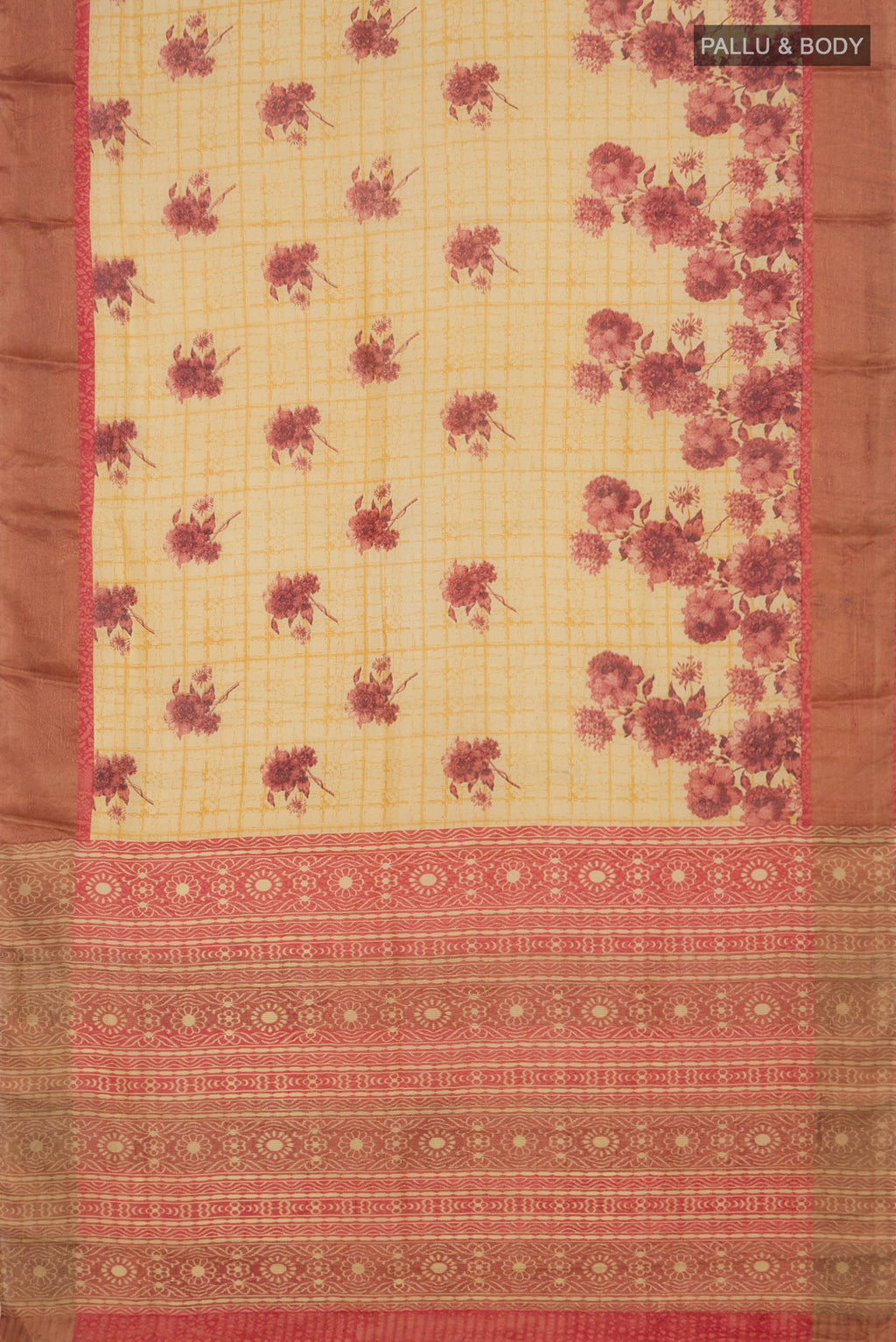 Flat view of Yellow Tussar Saree with Floral Print on the body and Zari Border. 