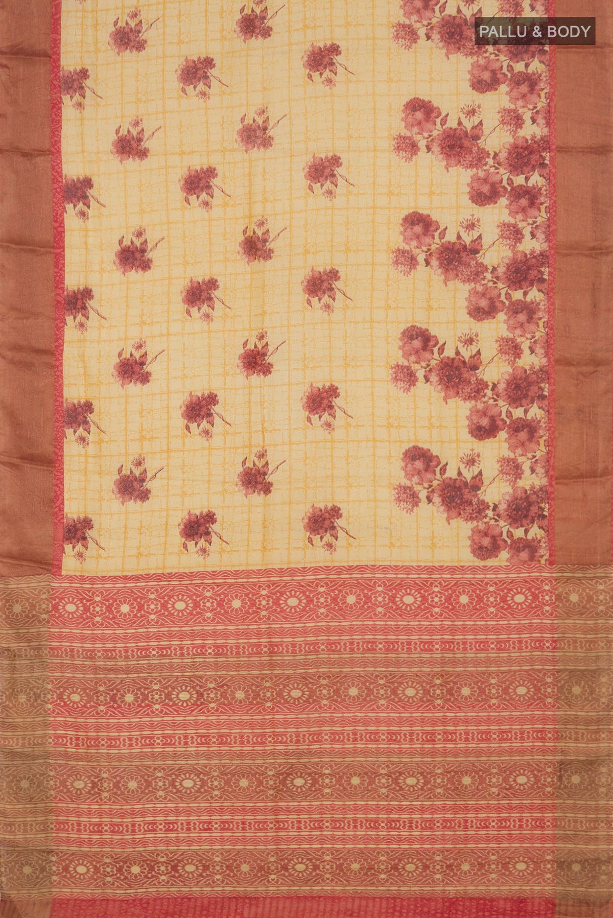 Flat view of Yellow Tussar Saree with Floral Print on the body and Zari Border. 