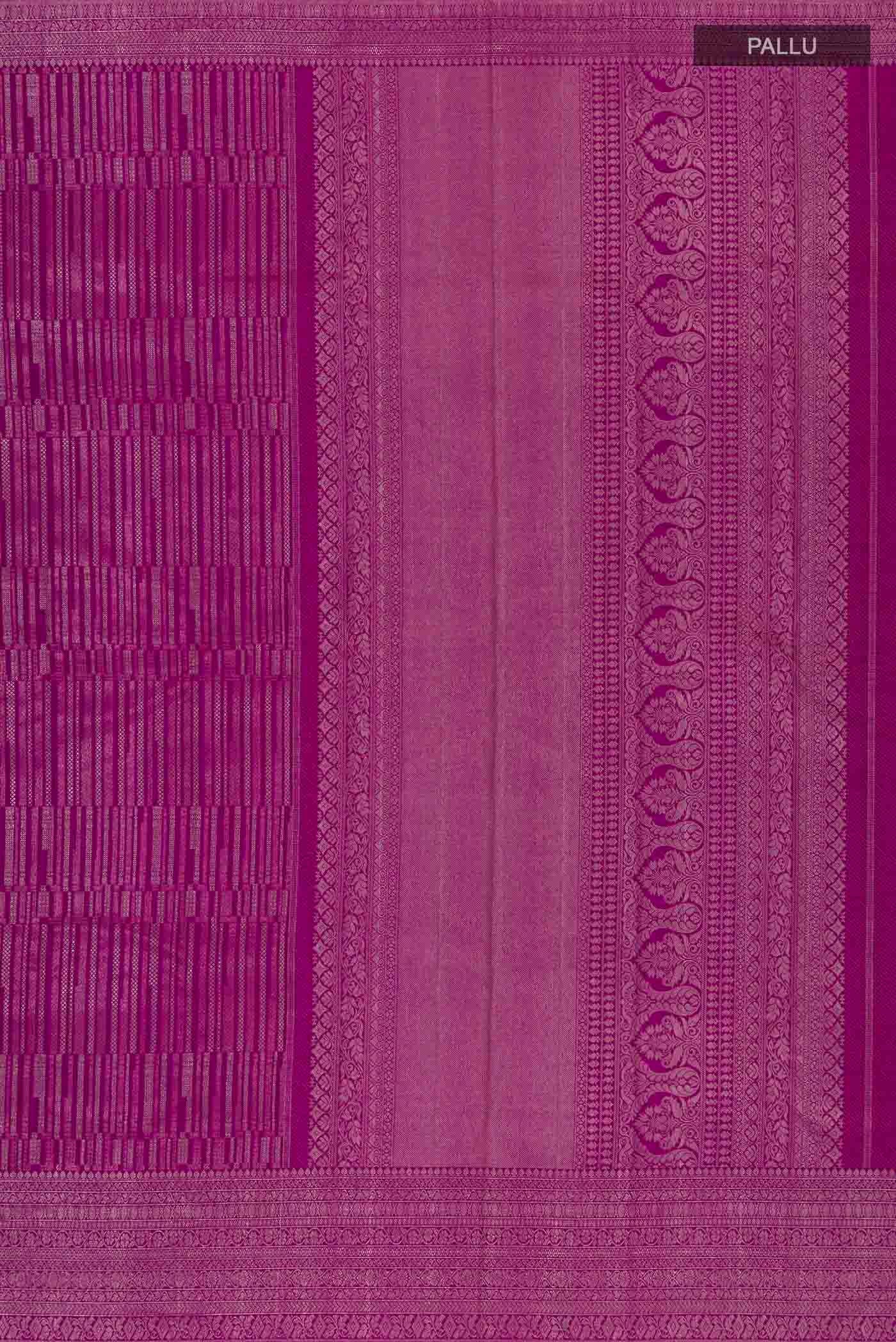 Close up image of the pallu of Purple Kanchipuram Silk Saree with Zari Brocade on the body and Silk Border