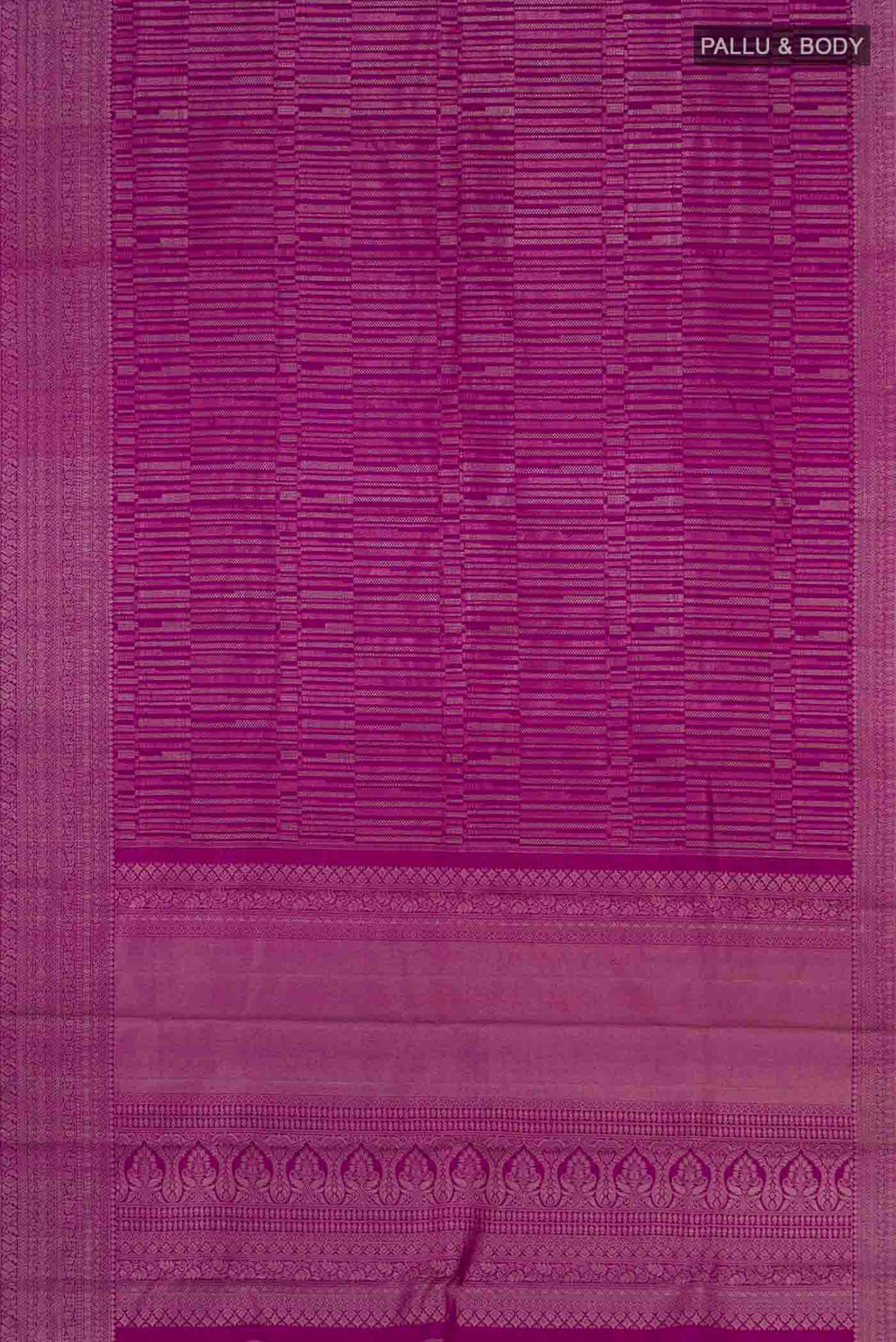 Flat view of Purple Kanchipuram Silk Saree with Zari Brocade on the body and Silk Border