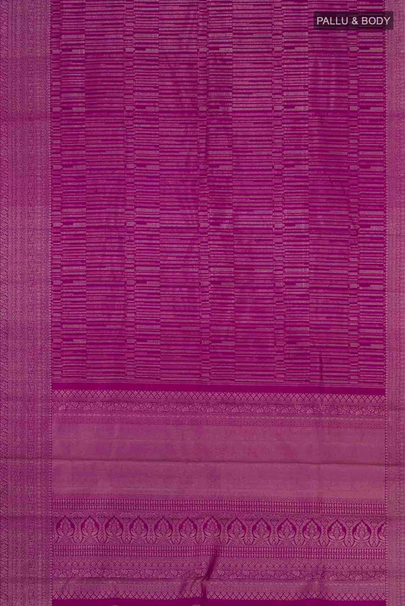 Flat view of Purple Kanchipuram Silk Saree with Zari Brocade on the body and Silk Border