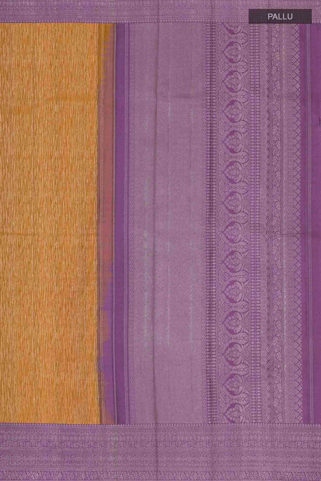 Close up image of the pallu of Mustard Kanchipuram Silk Saree with Zari Brocade on the body and Zari Border