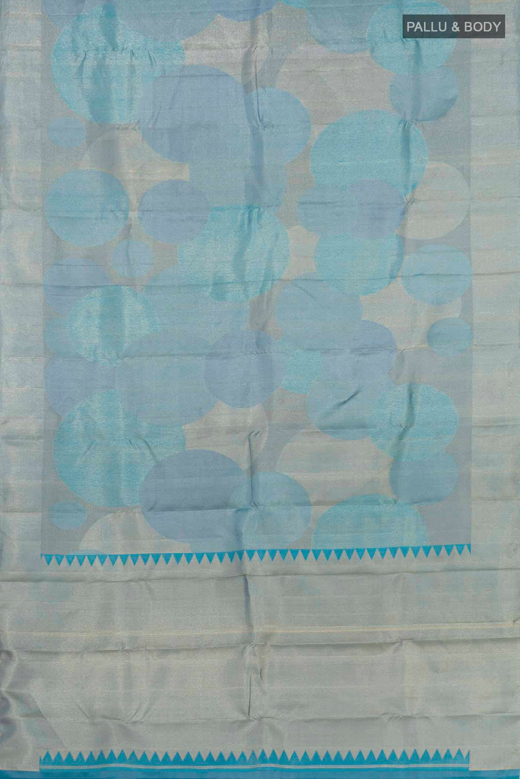 Flat view of Sky Blue Kanchipuram Silk Saree with Zari Brocade on the body and Zari Border