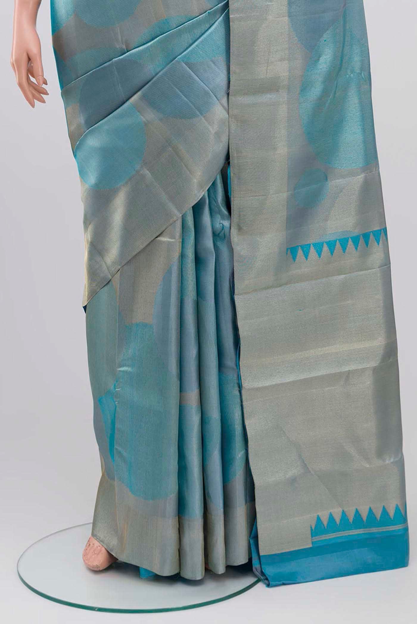 Pleats and pallu of Sky Blue Kanchipuram Silk Saree with Zari Brocade on the body and Zari Border