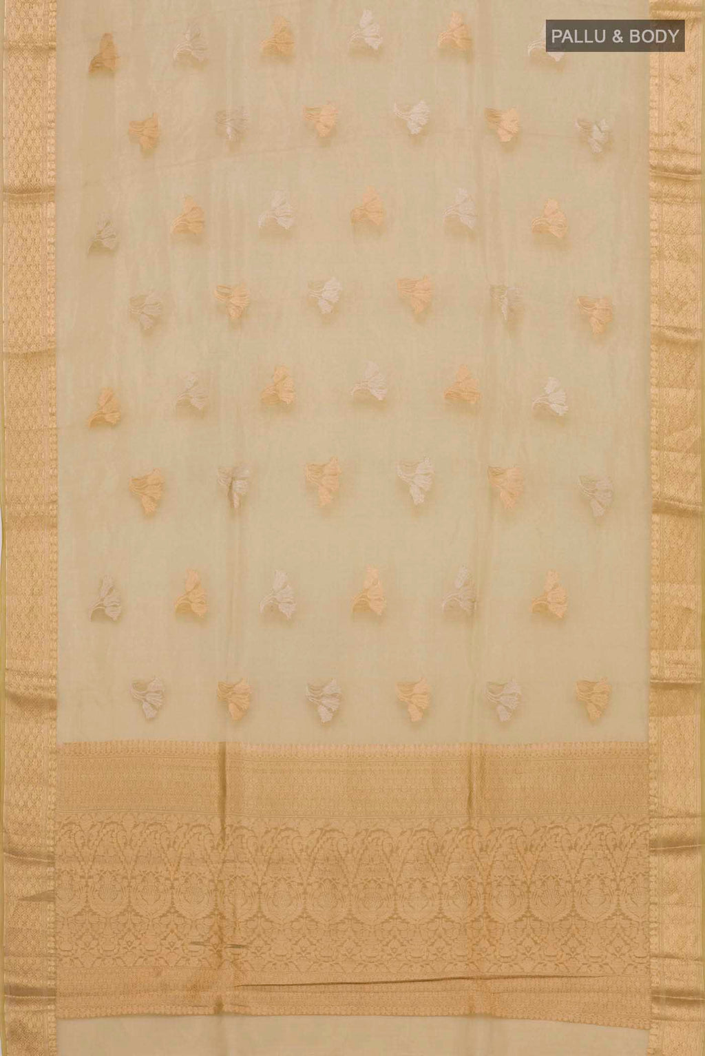 Flat view of Golden Banarasi Tissue Silk Saree with Zari Butta on the body and Zari Border. 