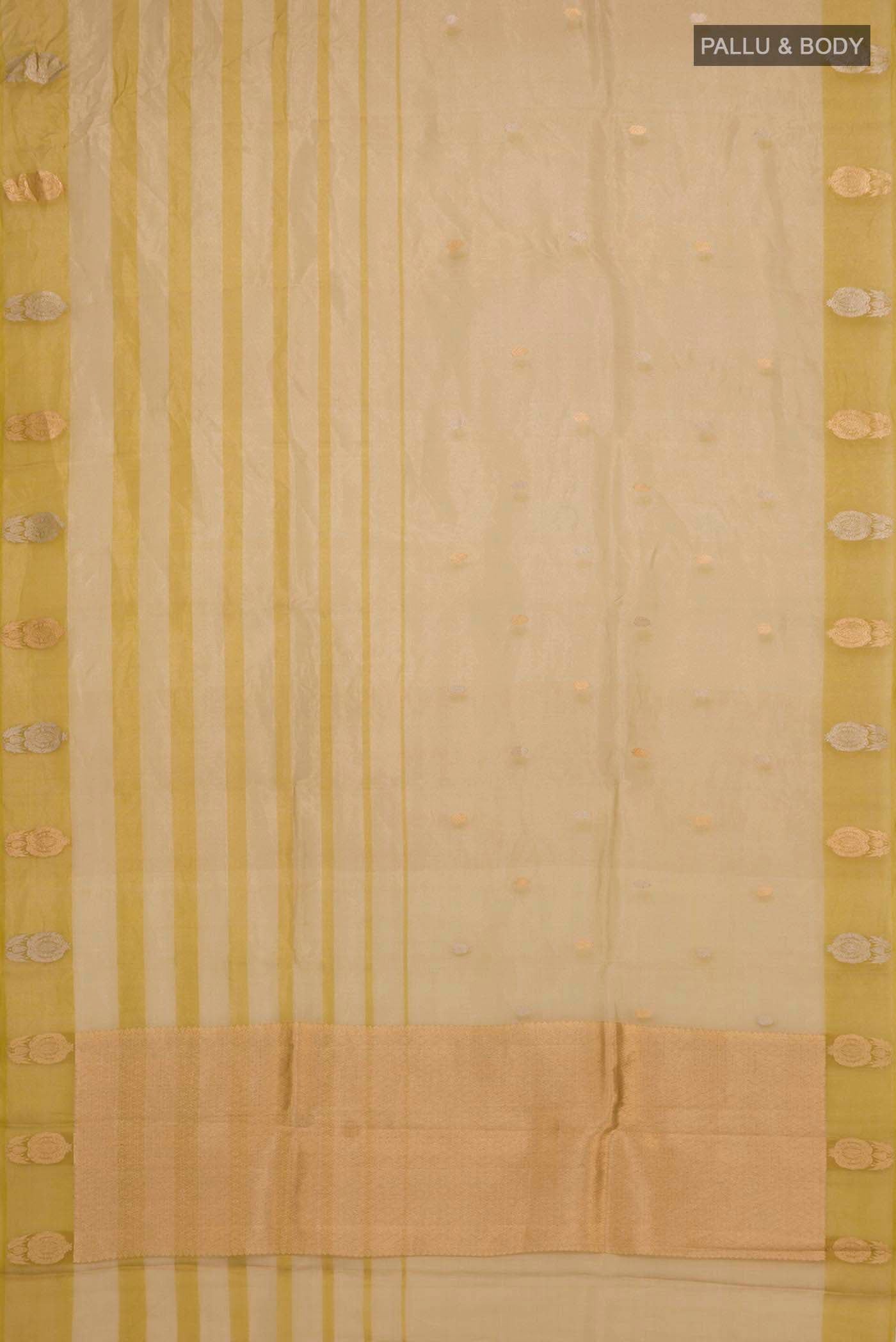 Flat view of Golden Banarasi Tissue Silk Saree with Zari Butta on the body and Zari Border. 