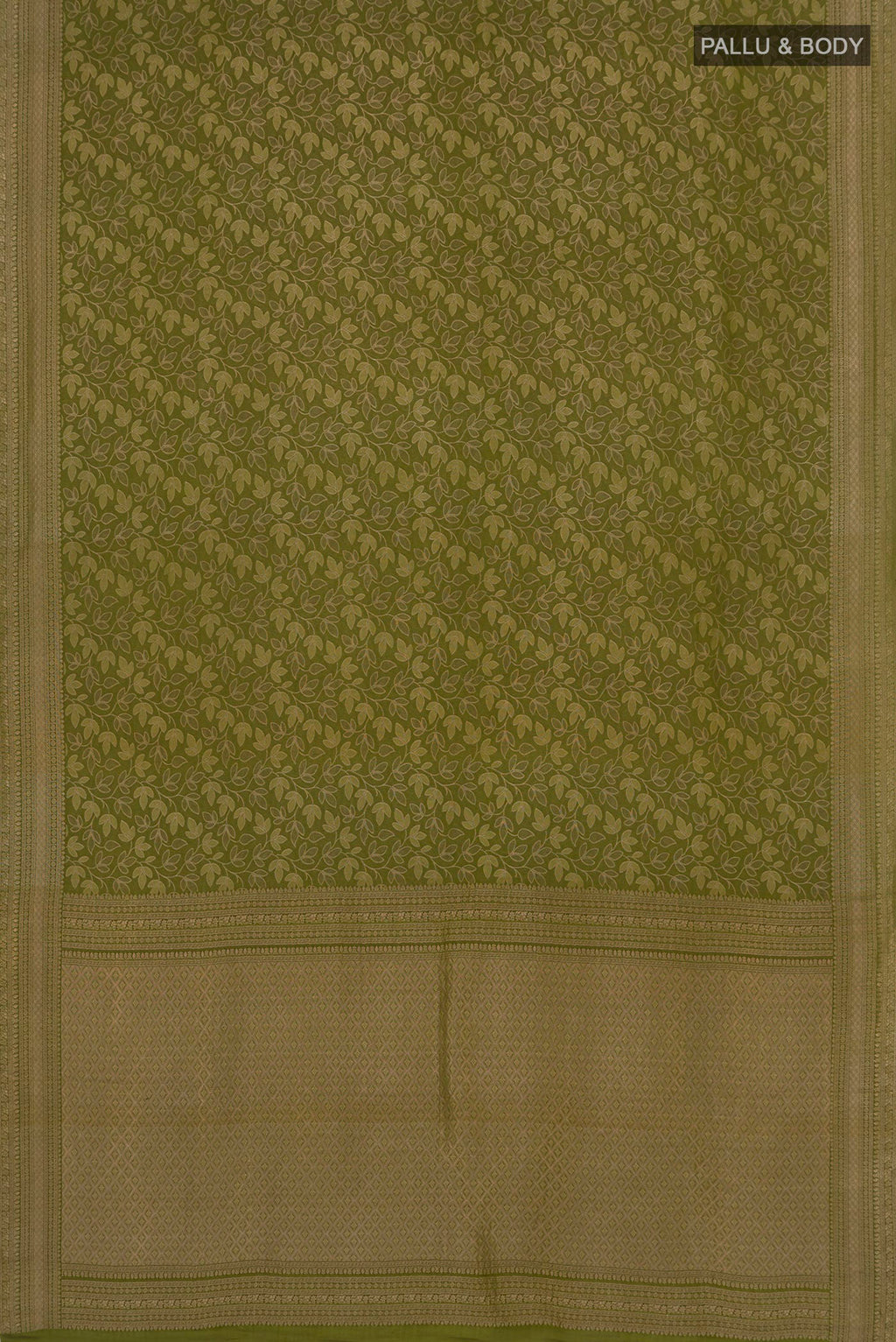 Flat view of Green Mysore Crepe Saree with Zari Brocade on the body and Fancy Border. 