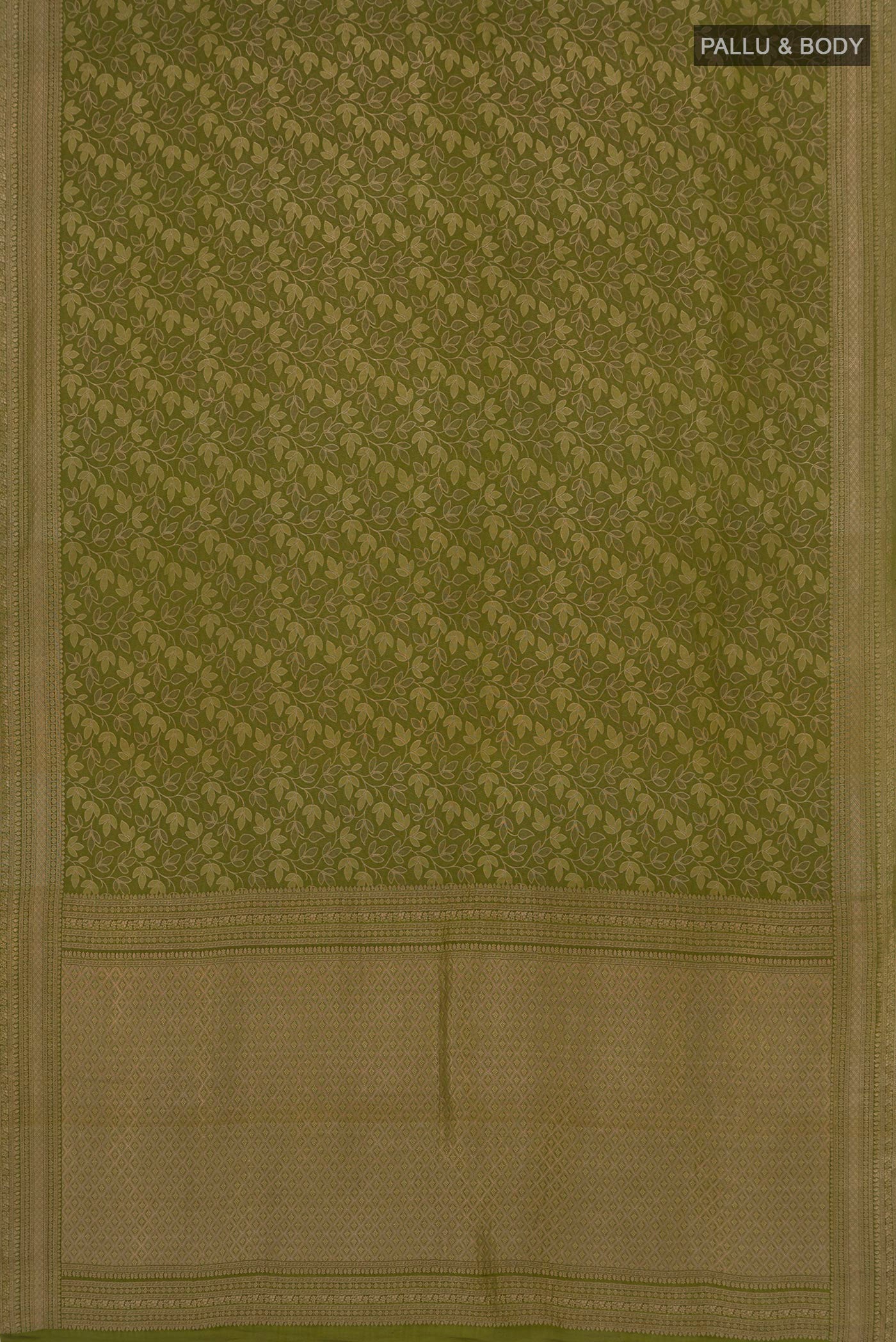 Flat view of Green Mysore Crepe Saree with Zari Brocade on the body and Fancy Border. 