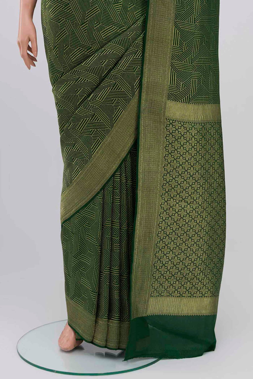 Pleats and pallu of Bottle Green Mysore Crepe Saree with Zari Brocade on the body and Zari Border