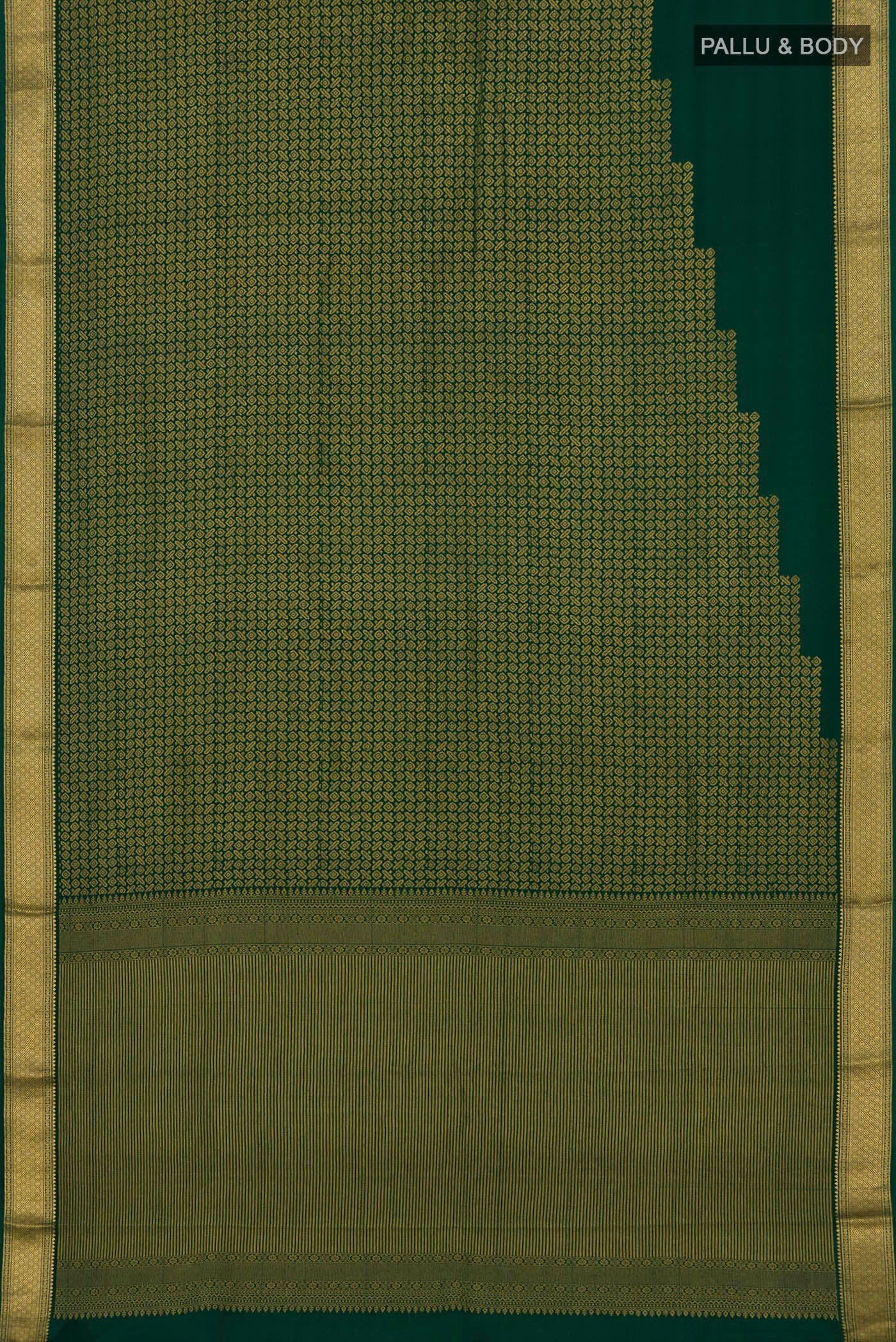 Flat view of Green Mysore Crepe Saree with Zari Brocade on the body and Zari Border. 