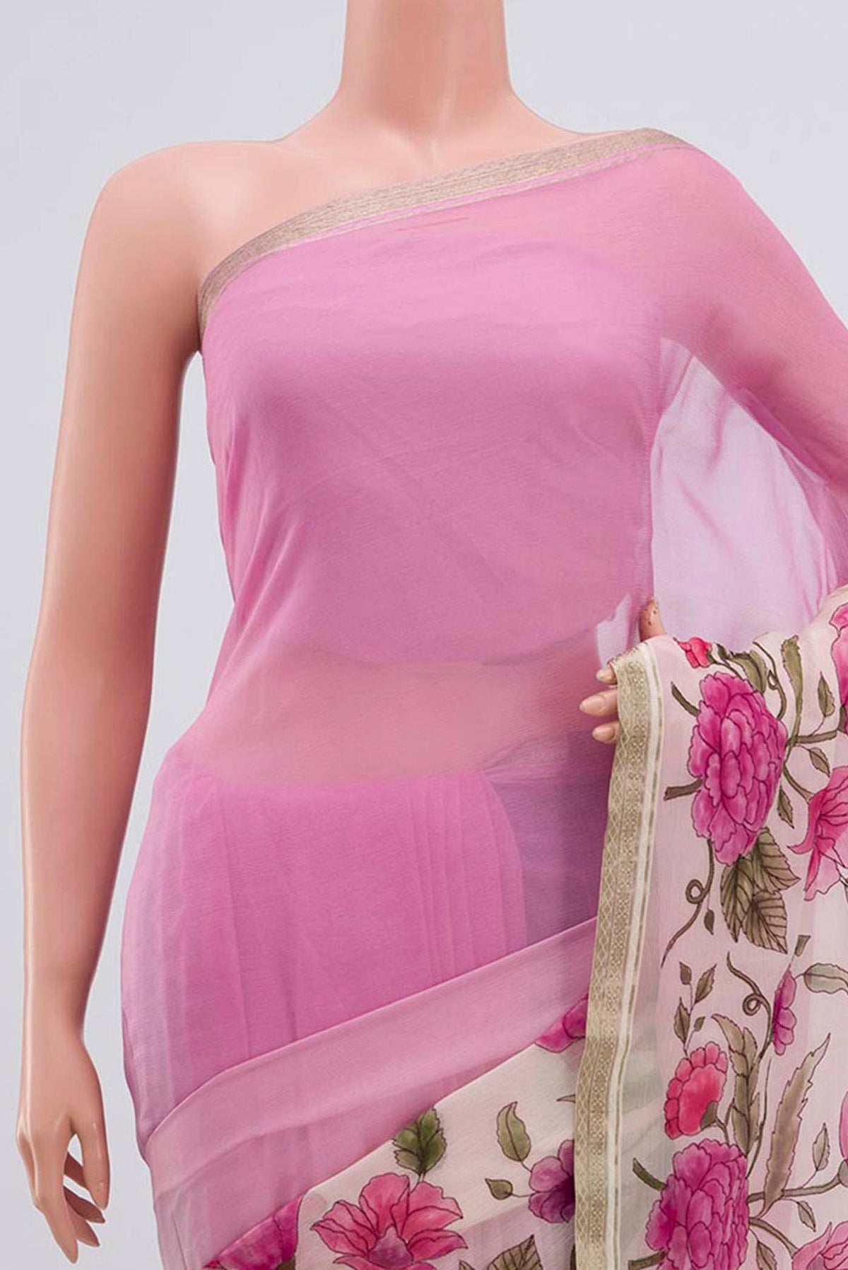 Border image of Pink Mysore Chiffon Saree with Printed design on the body and Zari Border