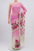 Pink Mysore Chiffon Saree with Printed design on the body and Zari Border displayed on a mannequin