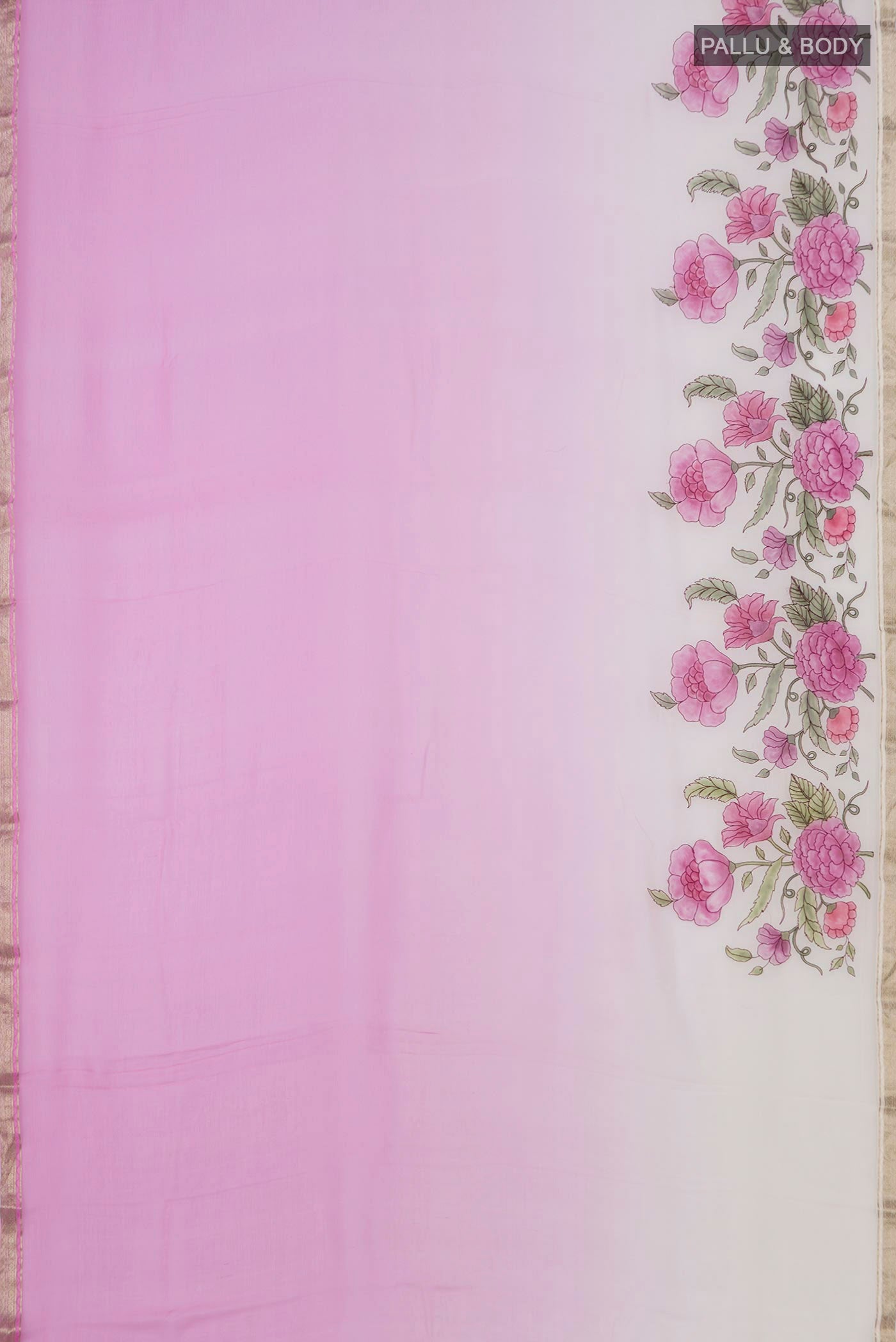 Flat view of Pink Mysore Chiffon Saree with Printed design on the body and Zari Border