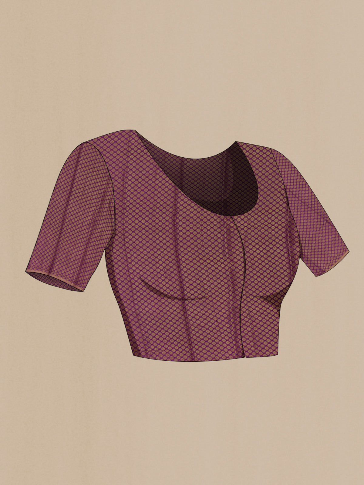 Close up image of the blouse of Purple Chiffon Saree with Fancy on the body and Zari Border. 