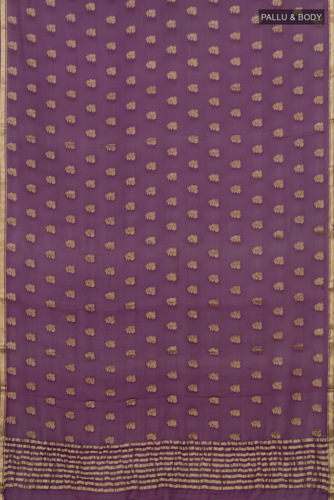Flat view of Purple Chiffon Saree with Fancy on the body and Zari Border. 