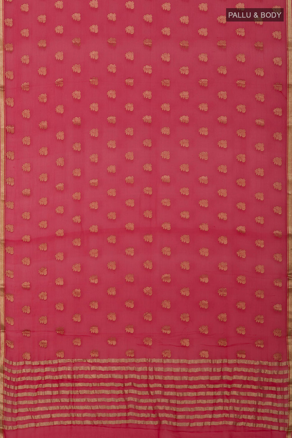 Flat view of Red Mysore Chiffon Saree with Zari Butta on the body and Zari Border. 