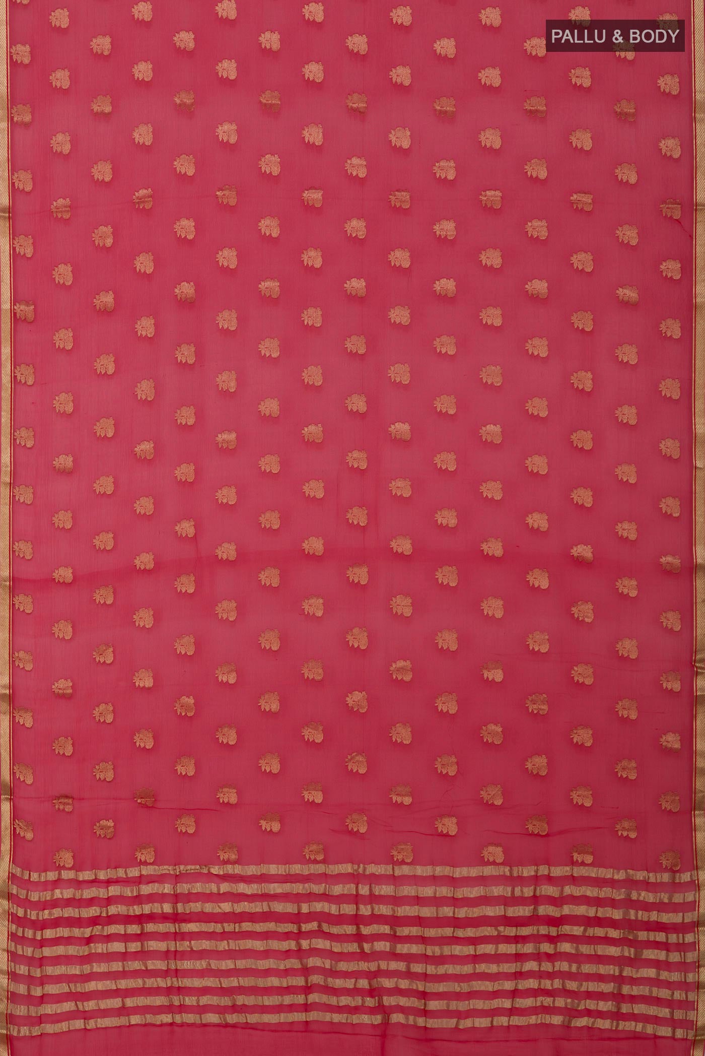 Flat view of Red Mysore Chiffon Saree with Zari Butta on the body and Zari Border. 