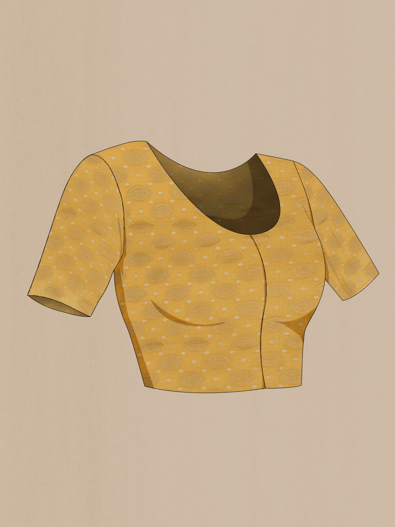 Close up image of the blouse of Yellow Chiffon Saree with Plain Body and Zari Border. 