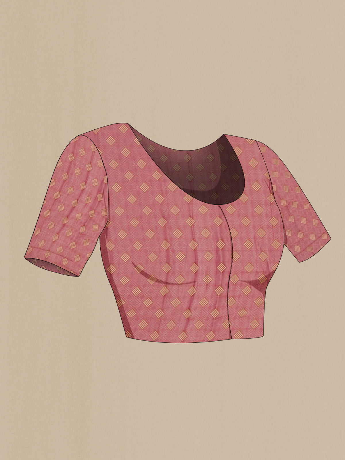 Close up image of the blouse of Rani Pink Chiffon Saree with Plain Body and Zari Border. 