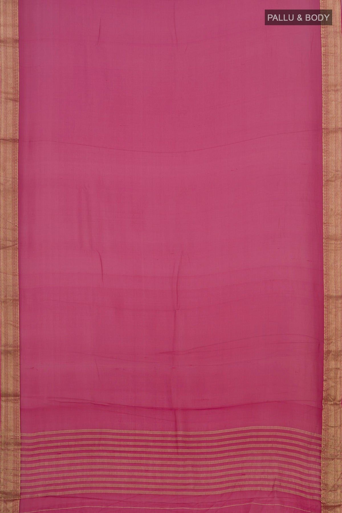 Flat view of Rani Pink Chiffon Saree with Plain Body and Zari Border. 