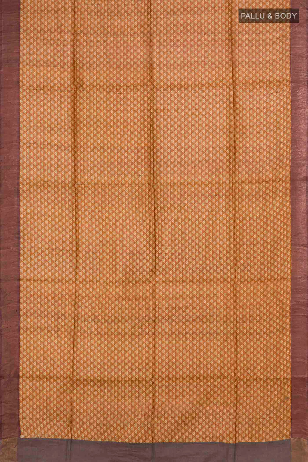 Flat view of Mustard Bhagalpuri Tussar Silk Saree with Printed design on the body and Zari Border