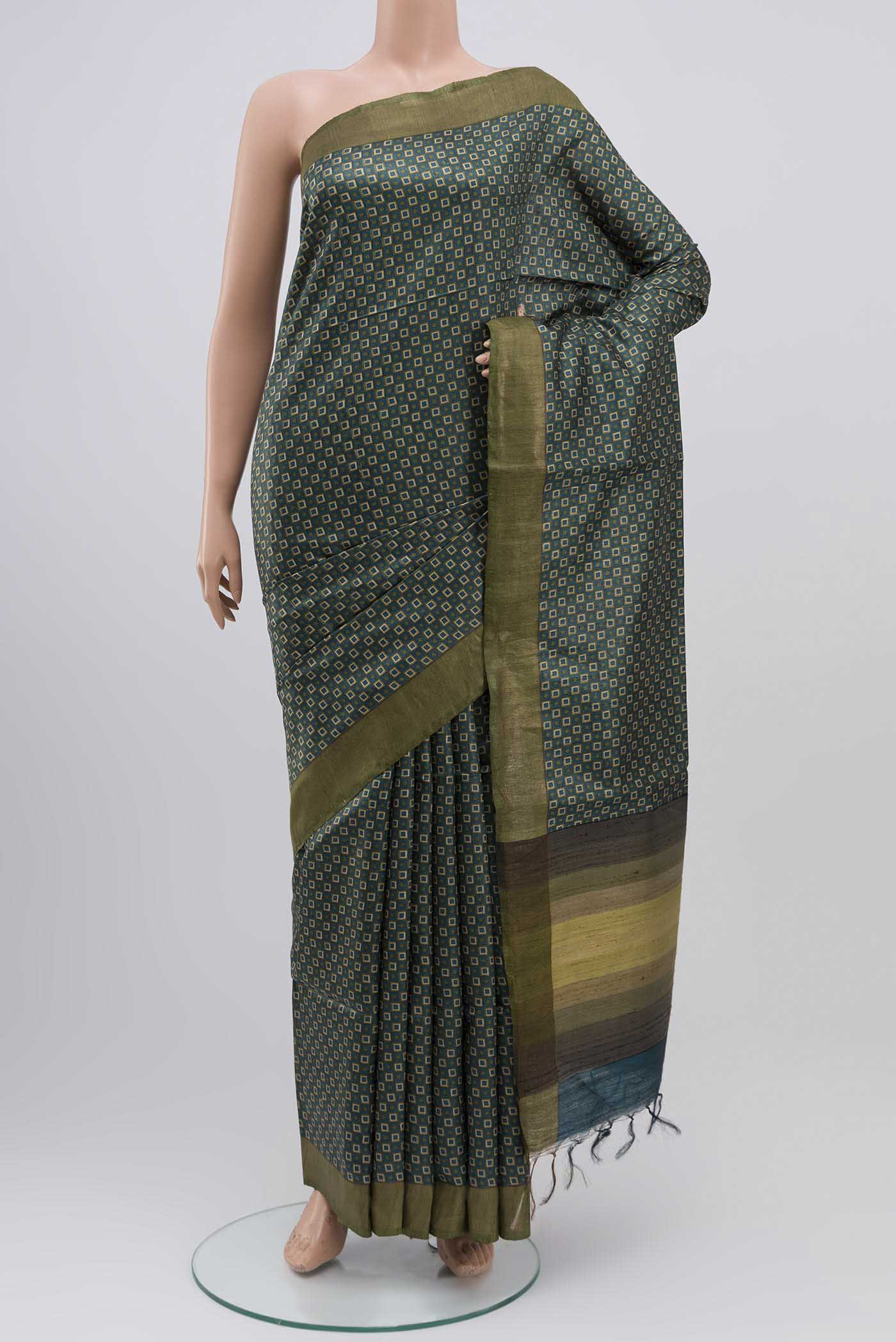 Blue Bhagalpuri Tussar Silk Saree with Printed design on the body and Zari Border displayed on a mannequin