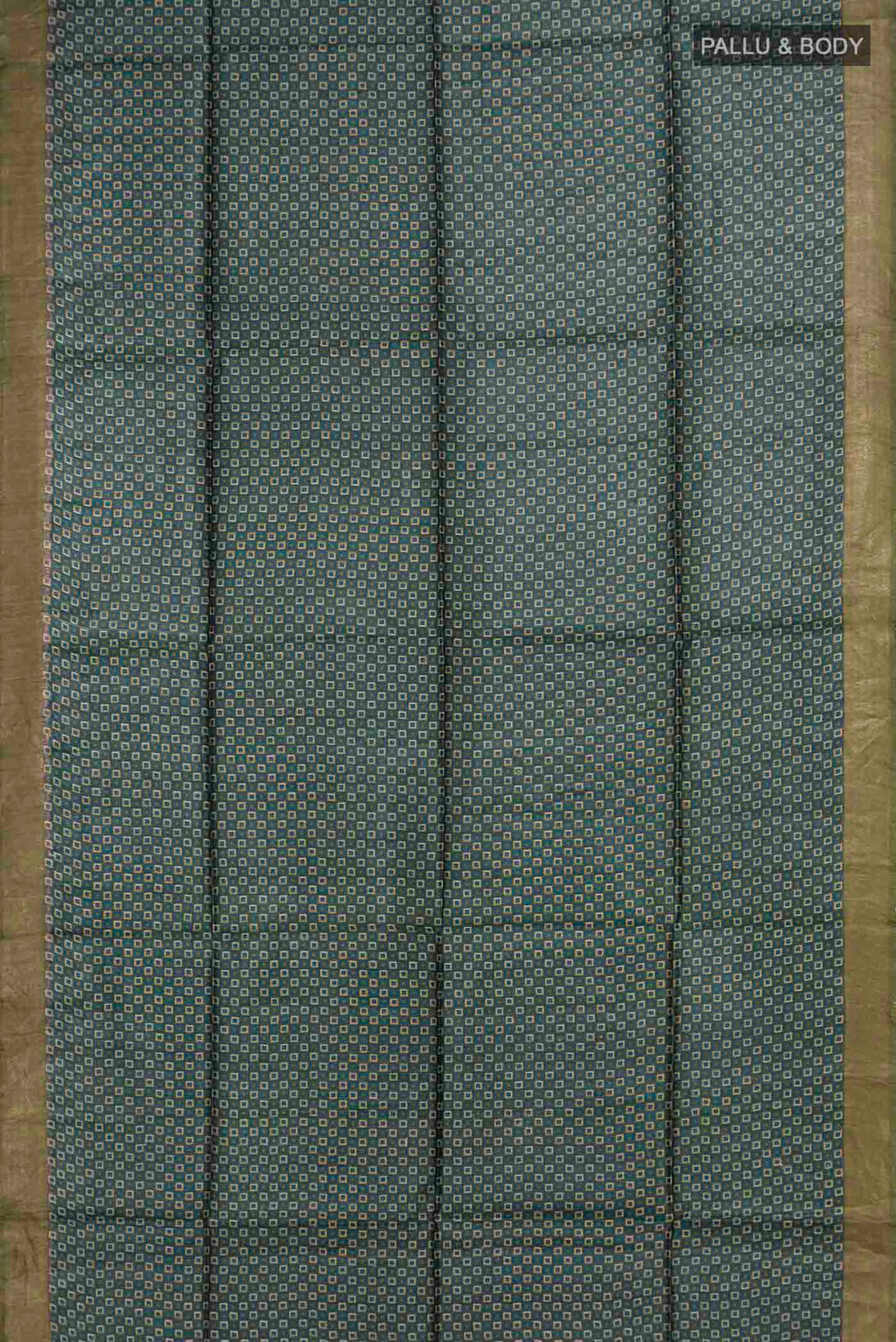 Flat view of Blue Bhagalpuri Tussar Silk Saree with Printed design on the body and Zari Border