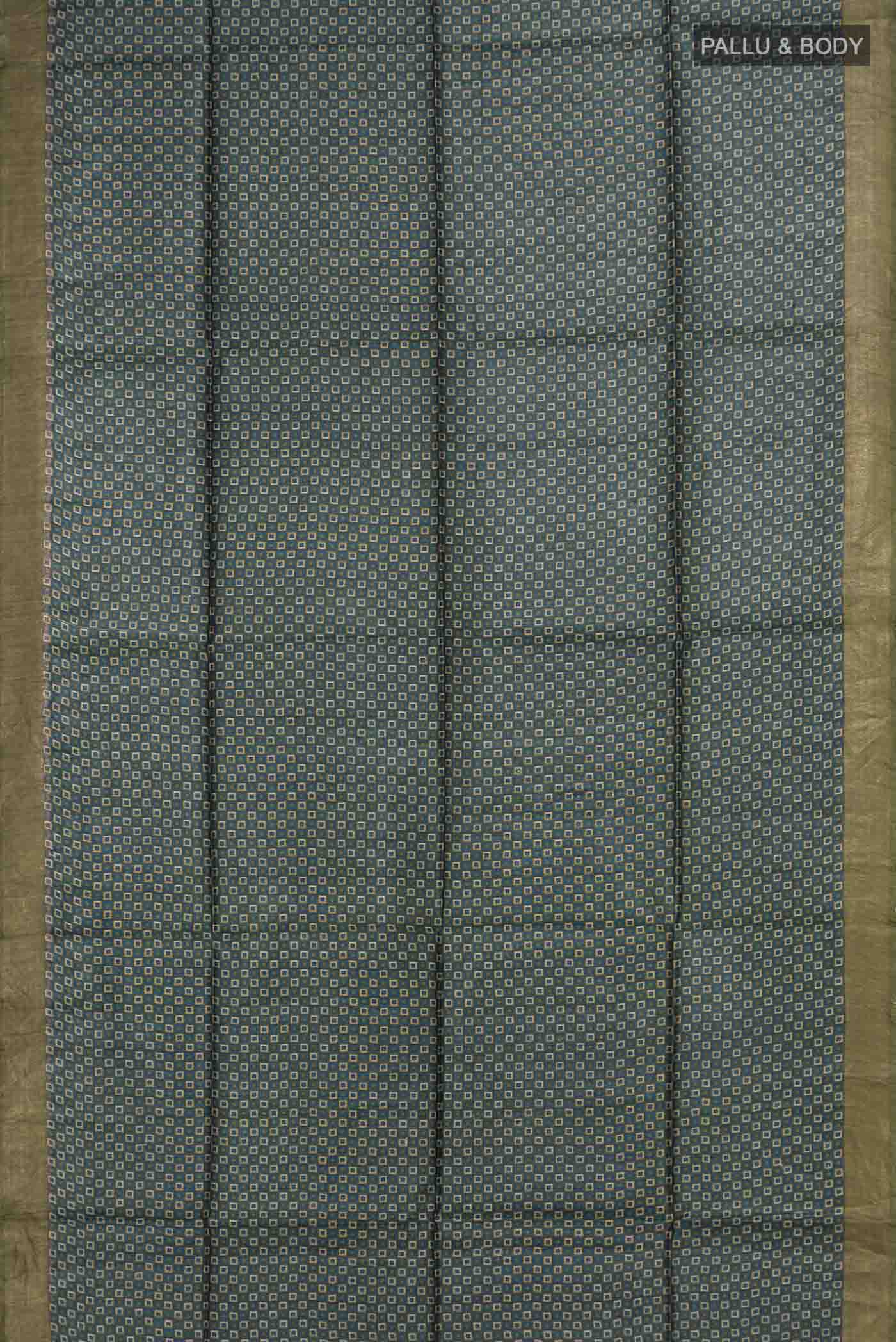 Flat view of Blue Bhagalpuri Tussar Silk Saree with Printed design on the body and Zari Border