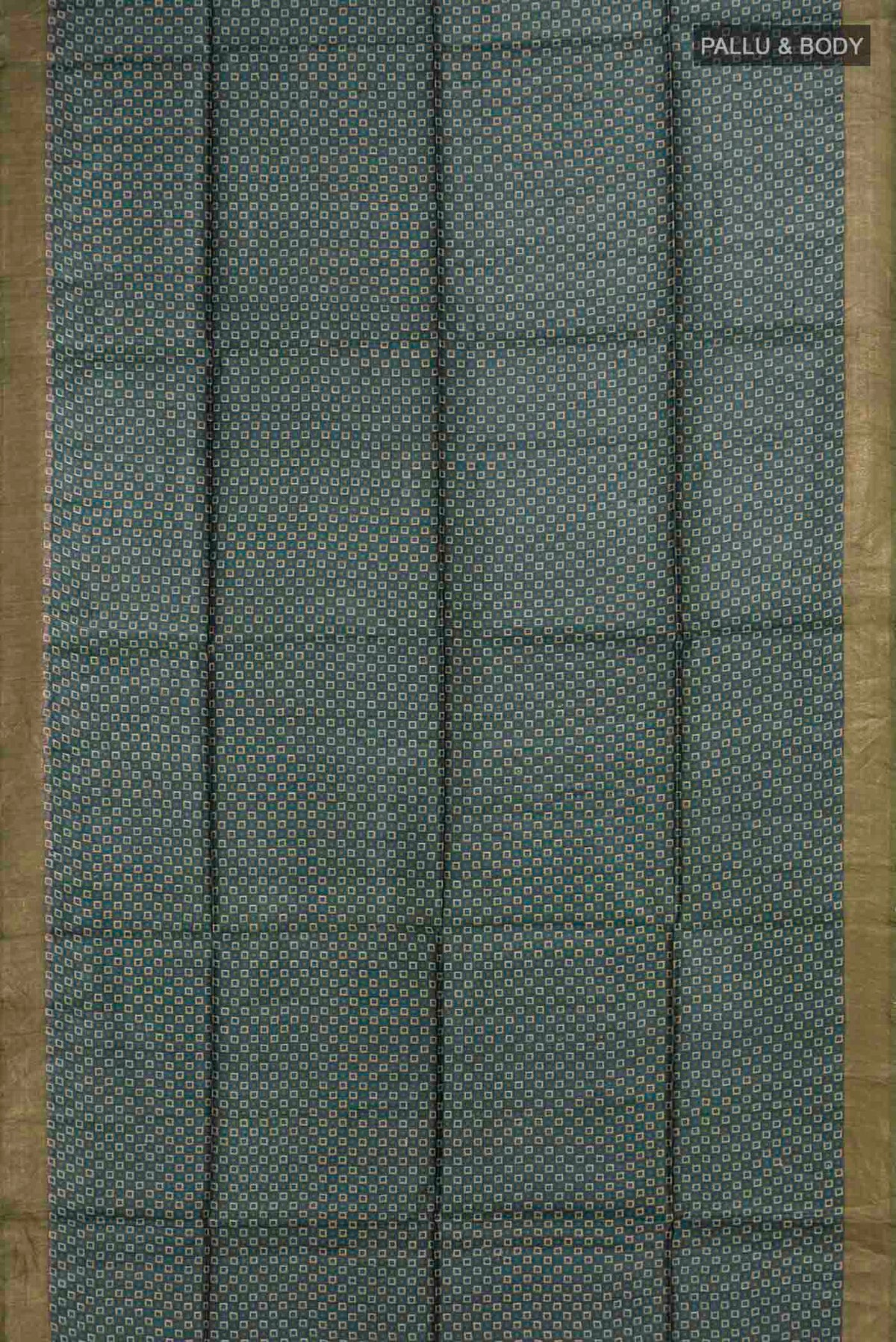 Flat view of Blue Bhagalpuri Tussar Silk Saree with Printed design on the body and Zari Border
