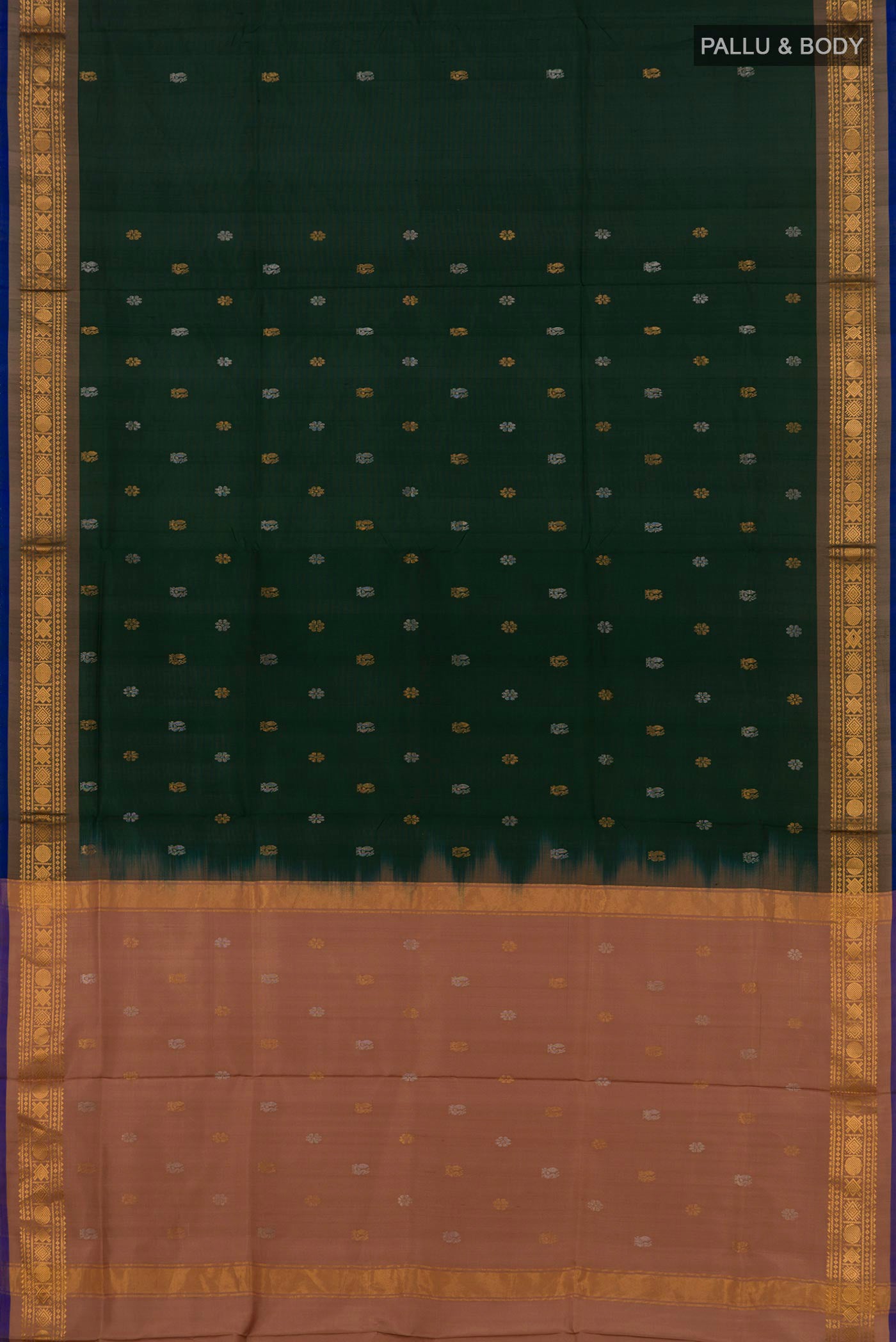 Flat view of Green Uppada Silk Saree with Zari Butta on the body and Zari Border. 