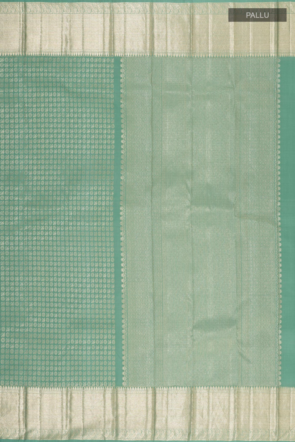 Close up image of the pallu of Light Green Kanchipuram Silk Saree with Zari Brocade on the body and Zari Border. 