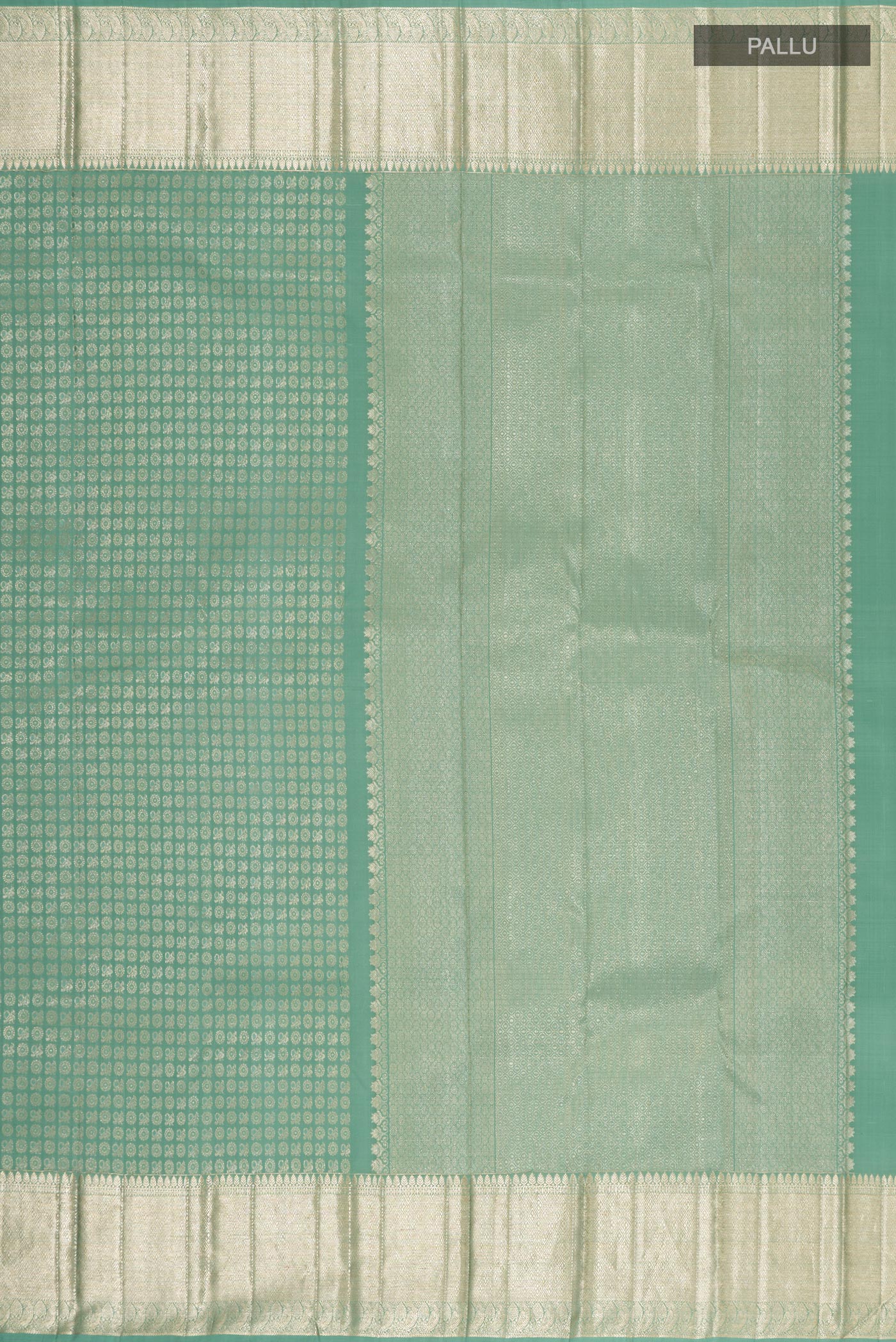Close up image of the pallu of Light Green Kanchipuram Silk Saree with Zari Brocade on the body and Zari Border. 
