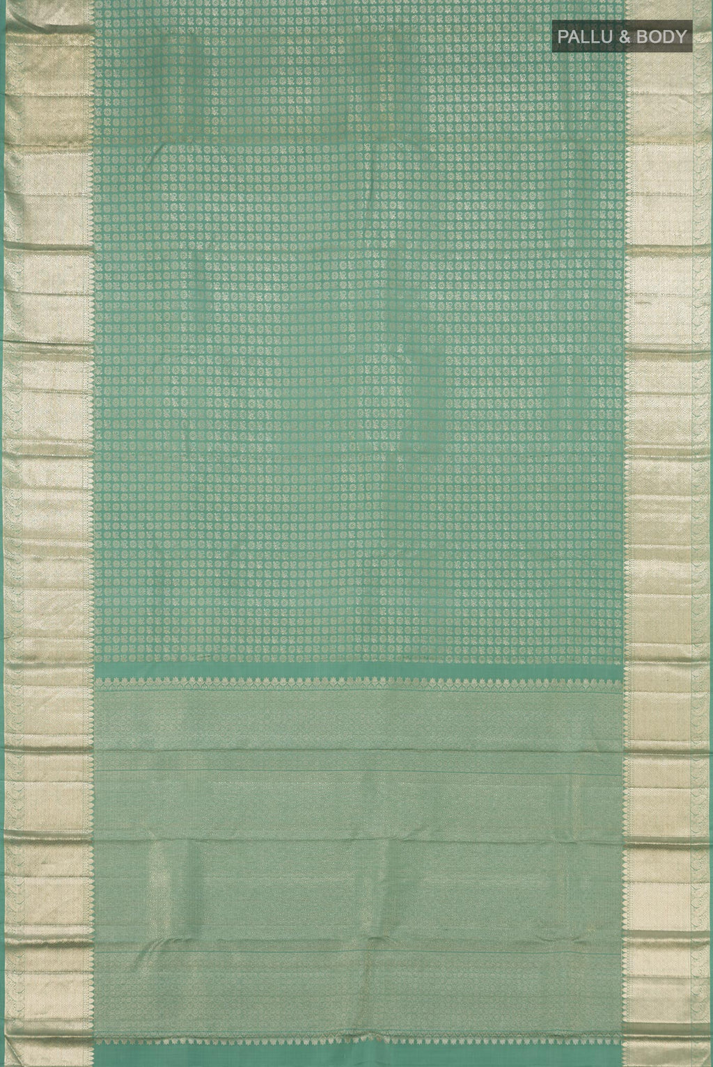 Flat view of Light Green Kanchipuram Silk Saree with Zari Brocade on the body and Zari Border. 