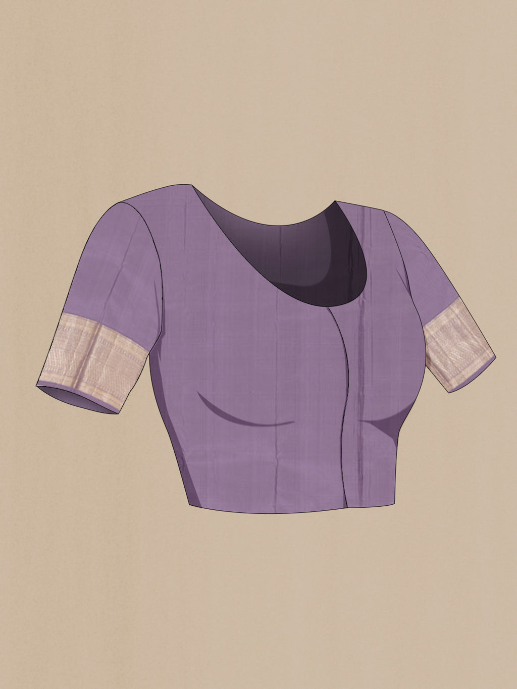 Close up image of the blouse of Lavender Kanchipuram Silk Saree with Zari Brocade on the body and Zari Border. 