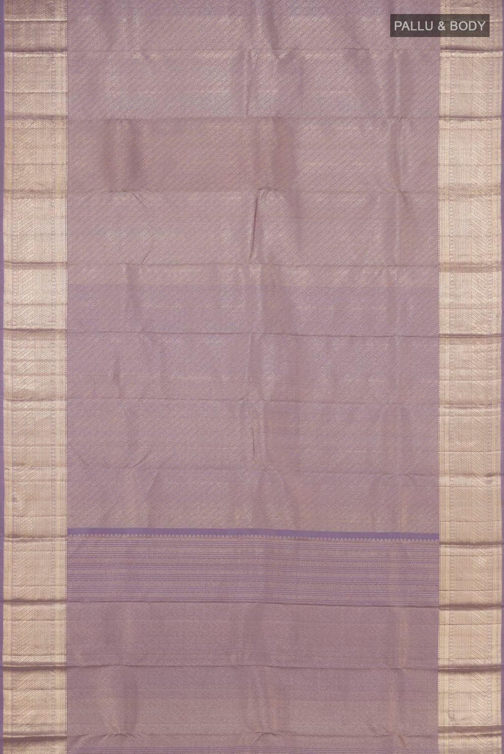 Flat view of Lavender Kanchipuram Silk Saree with Zari Brocade on the body and Zari Border. 