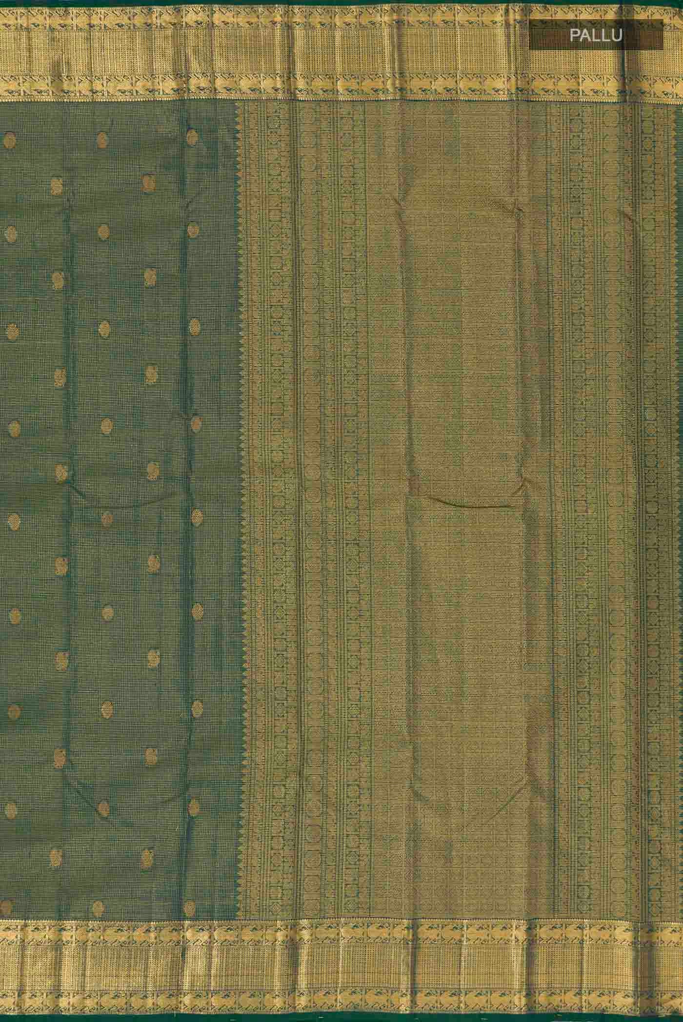 Close up image of the pallu of Green With Blue Color Kanchipuram Silk Saree with Checked design on the body and Zari Border
