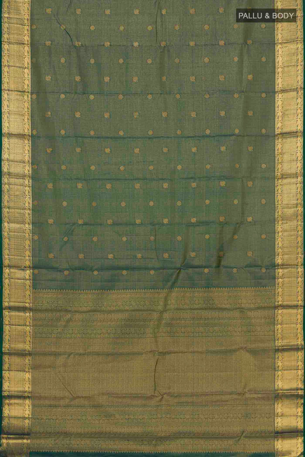 Flat view of Green With Blue Color Kanchipuram Silk Saree with Checked design on the body and Zari Border