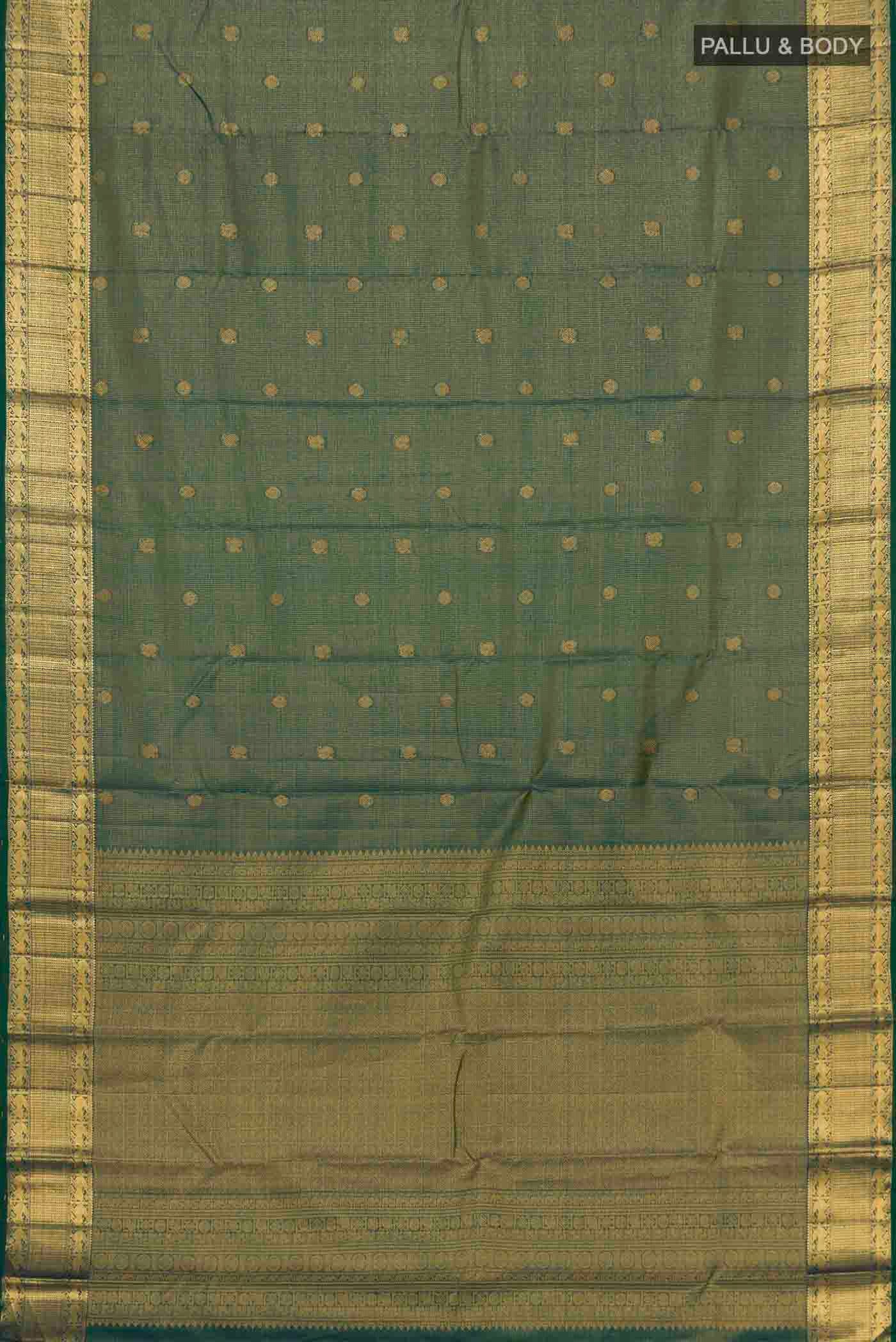 Flat view of Green With Blue Color Kanchipuram Silk Saree with Checked design on the body and Zari Border