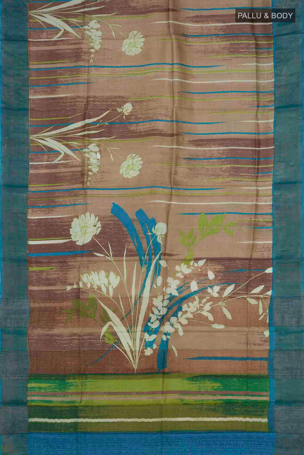 Flat view of Multi Color Tussar Silk Saree with Printed design on the body and Zari Border. 