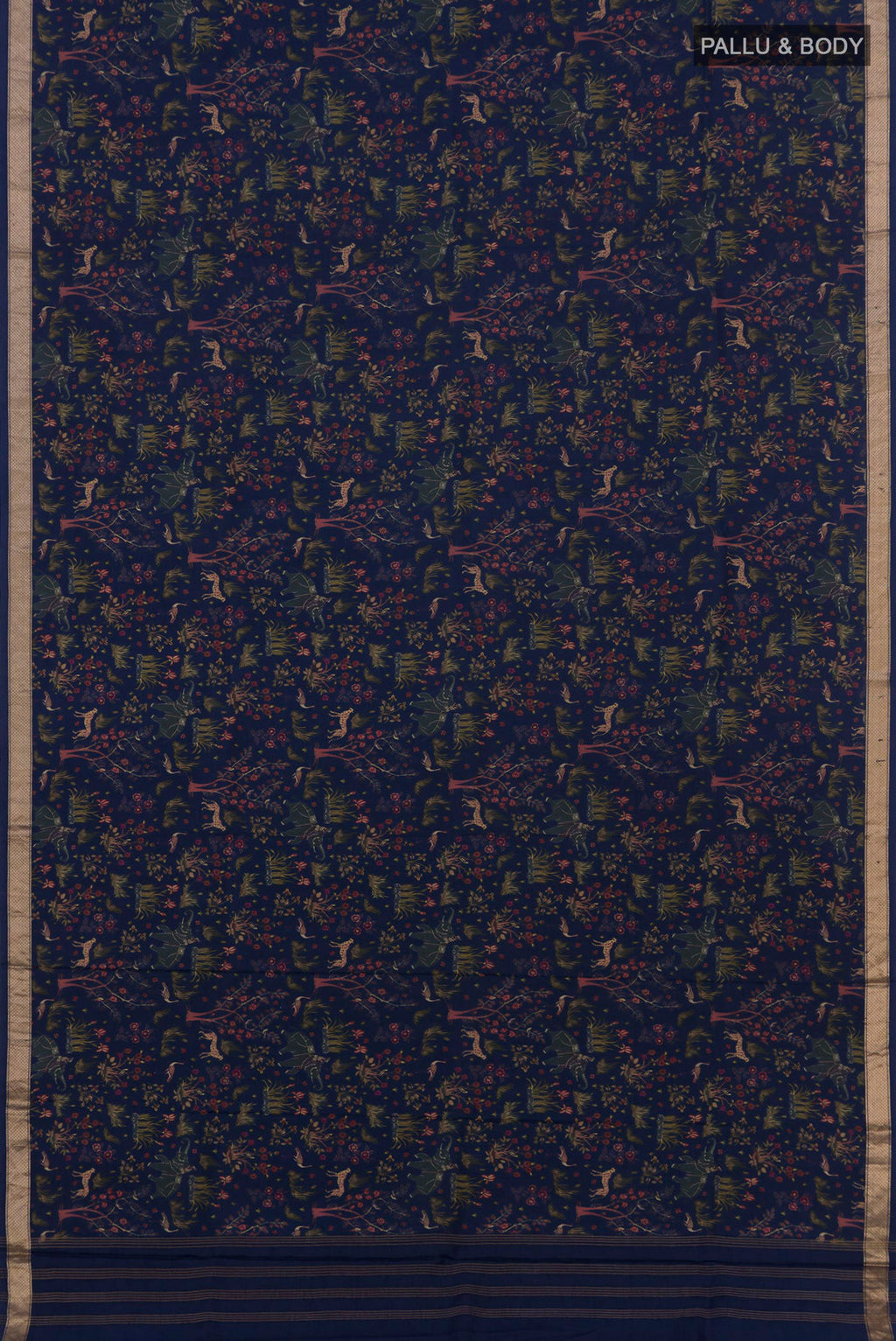 Flat view of Navy Blue Printed Silk Saree with Printed design on the body and Zari Border. 