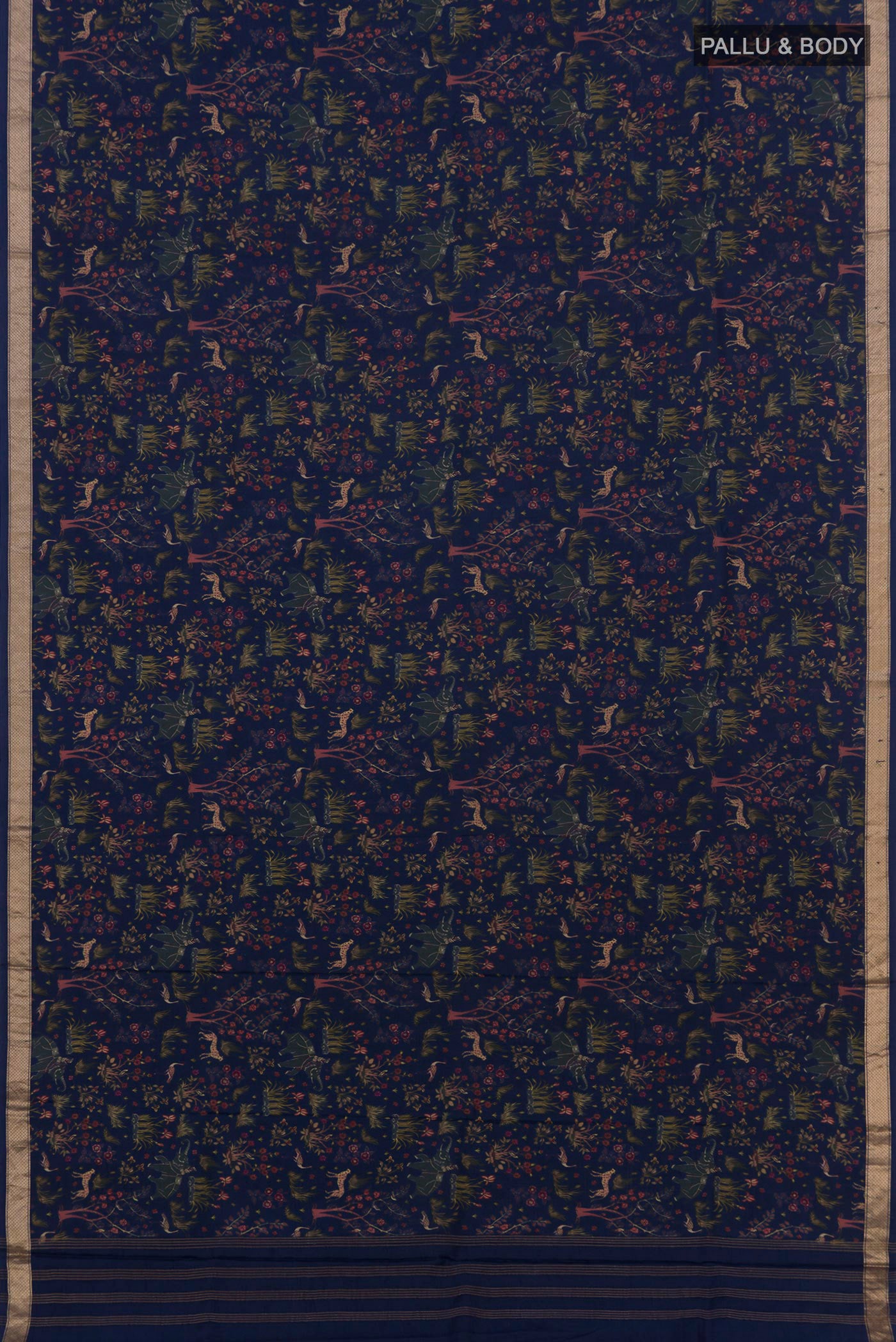 Flat view of Navy Blue Printed Silk Saree with Printed design on the body and Zari Border. 