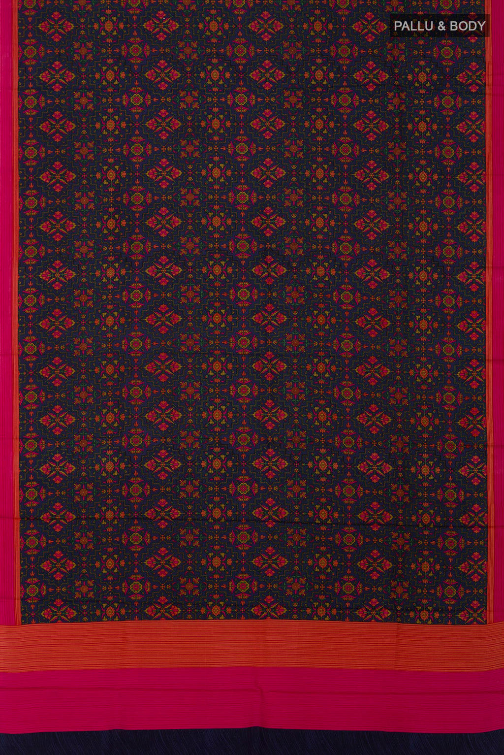 Flat view of Navy Blue Printed Silk Saree with Printed design on the body and Plain Border. 