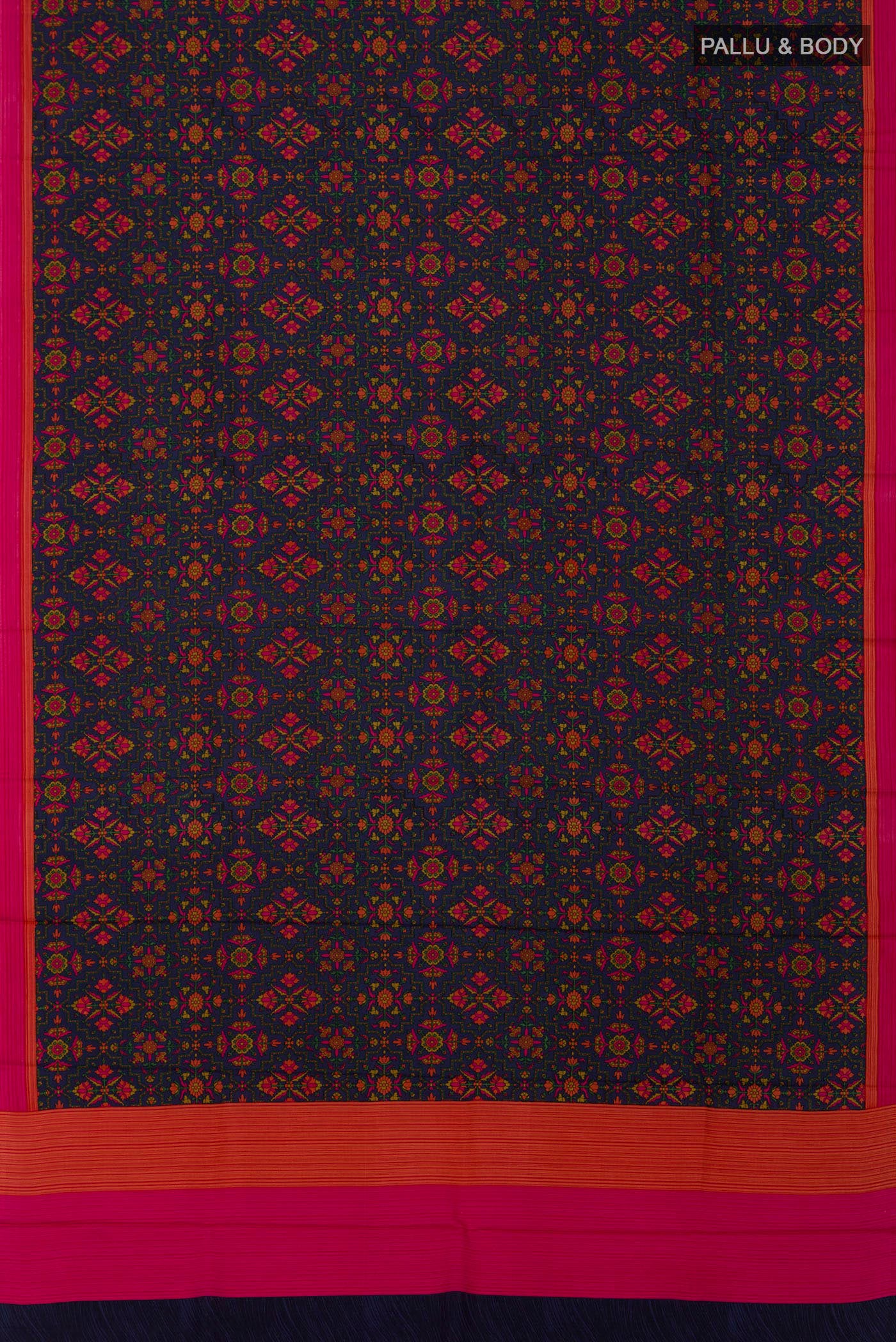 Flat view of Navy Blue Printed Silk Saree with Printed design on the body and Plain Border. 