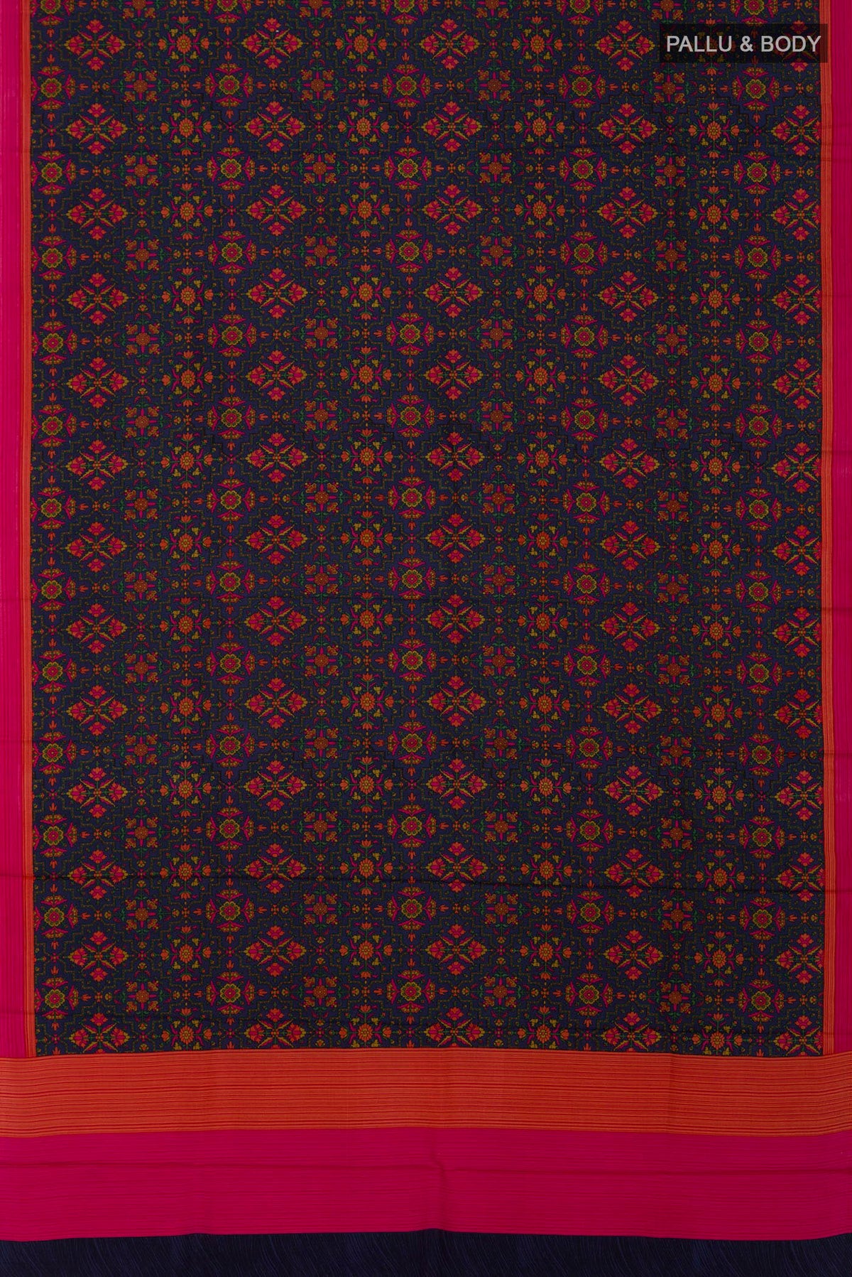 Flat view of Navy Blue Printed Silk Saree with Printed design on the body and Plain Border. 